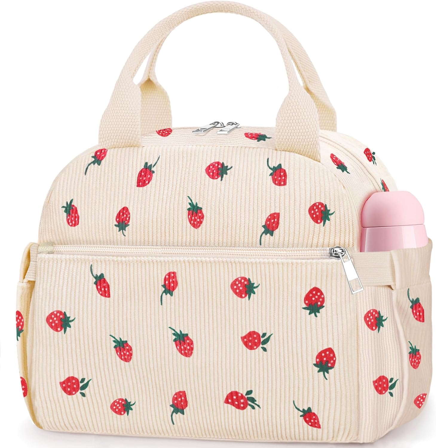 Lunch Box for Women, Cute Strawberry Corduroy Insulated Lunch Bag Women Reusable Work Leakproof Simple Adults Large Lunch Boxes Tote Bag Men Cooler Bag - Image 1