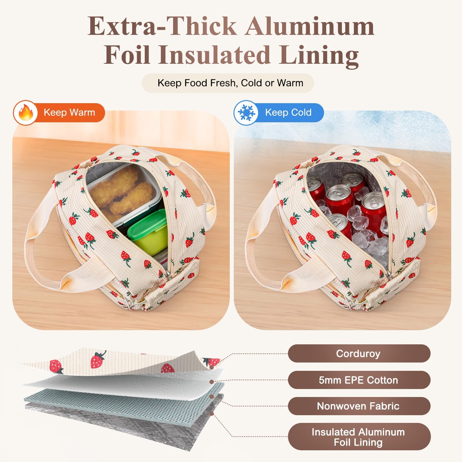 Lunch Box for Women, Cute Strawberry Corduroy Insulated Lunch Bag Women Reusable Work Leakproof Simple Adults Large Lunch Boxes Tote Bag Men Cooler Bag - Image 2