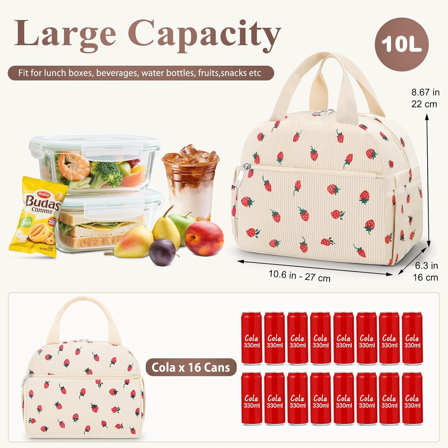 Lunch Box for Women, Cute Strawberry Corduroy Insulated Lunch Bag Women Reusable Work Leakproof Simple Adults Large Lunch Boxes Tote Bag Men Cooler Bag - Image 3