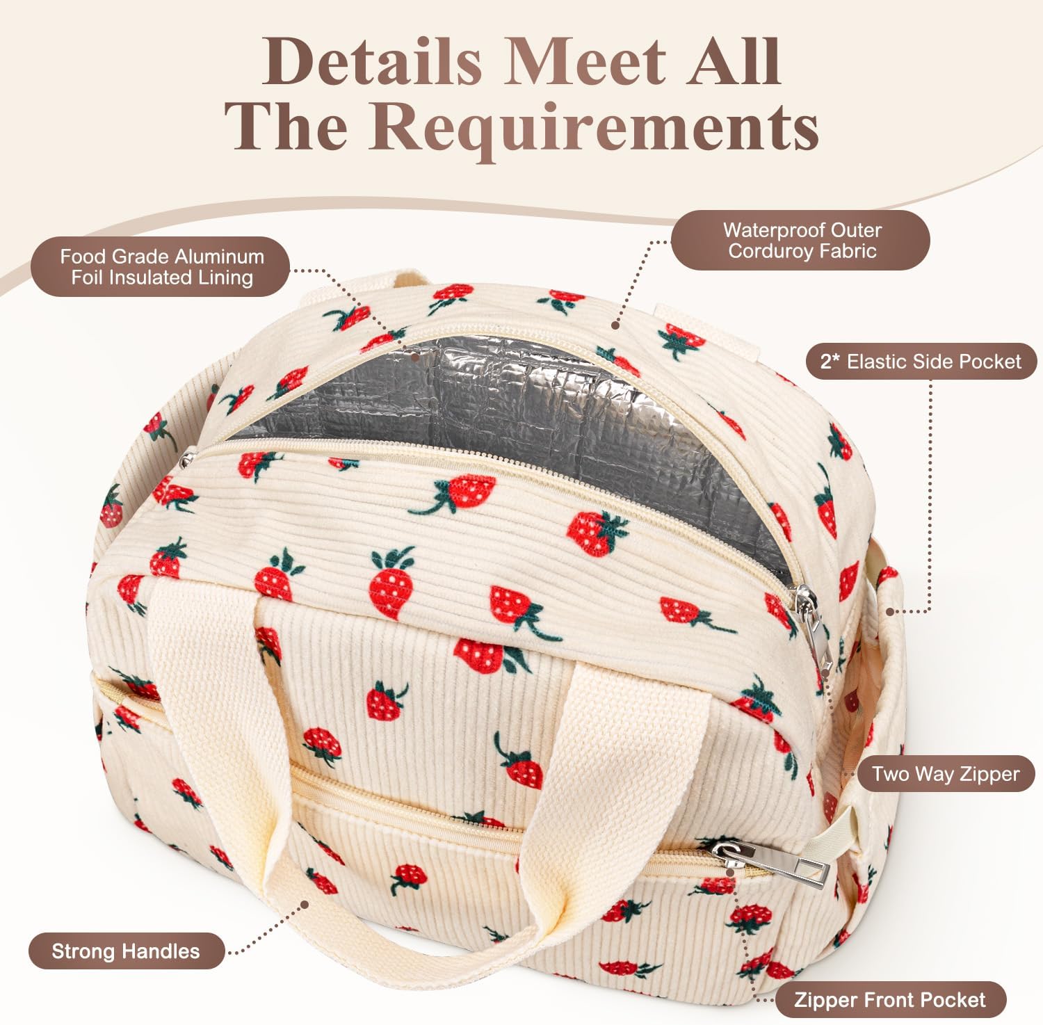 Lunch Box for Women, Cute Strawberry Corduroy Insulated Lunch Bag Women Reusable Work Leakproof Simple Adults Large Lunch Boxes Tote Bag Men Cooler Bag - Image 4