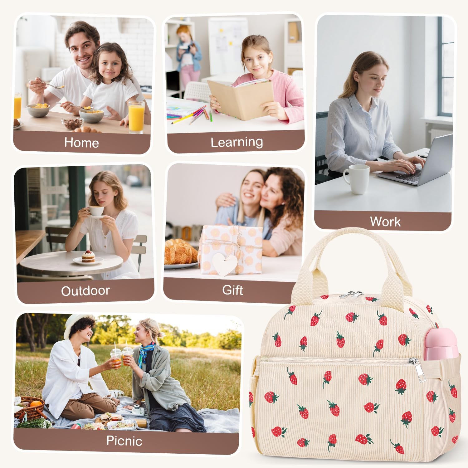 Lunch Box for Women, Cute Strawberry Corduroy Insulated Lunch Bag Women Reusable Work Leakproof Simple Adults Large Lunch Boxes Tote Bag Men Cooler Bag - Image 6
