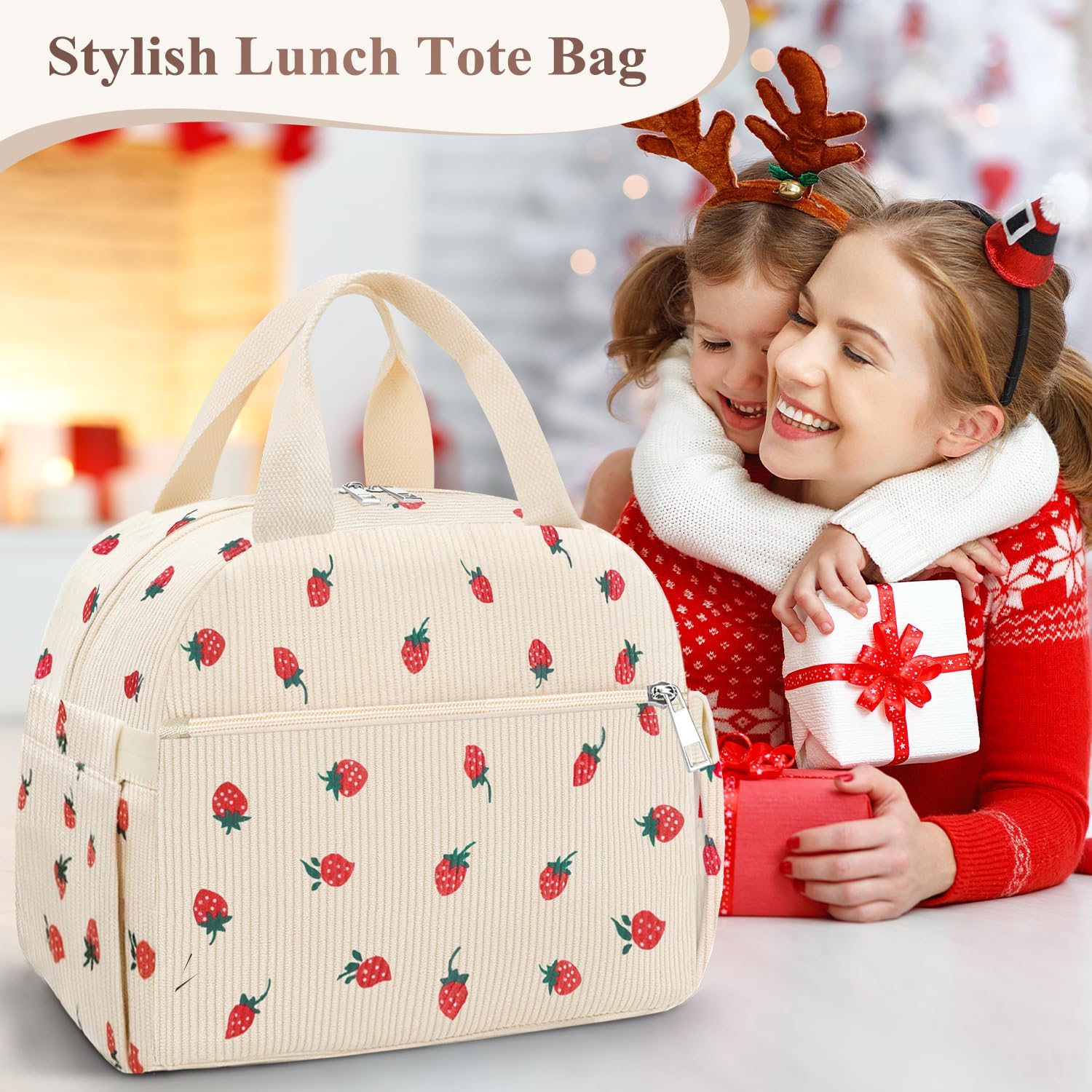 Lunch Box for Women, Cute Strawberry Corduroy Insulated Lunch Bag Women Reusable Work Leakproof Simple Adults Large Lunch Boxes Tote Bag Men Cooler Bag - Image 7