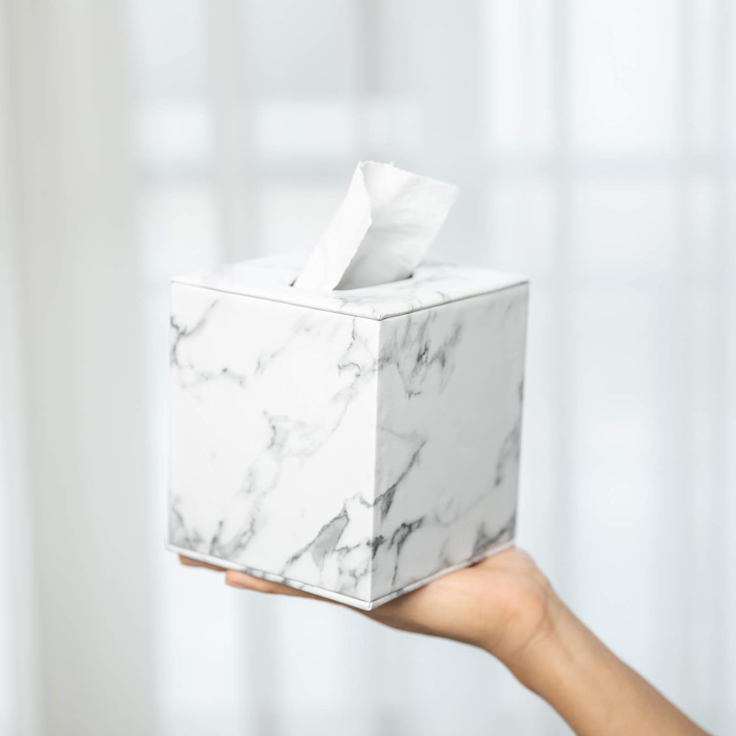 Tissue Box Cover,Tissue Box Square,Marble Stripes Tissue Box Cover,Tissue Box Holder for Bathroom Accessories,PU Leather Tissue Holder,Marble Stripes - Image 1