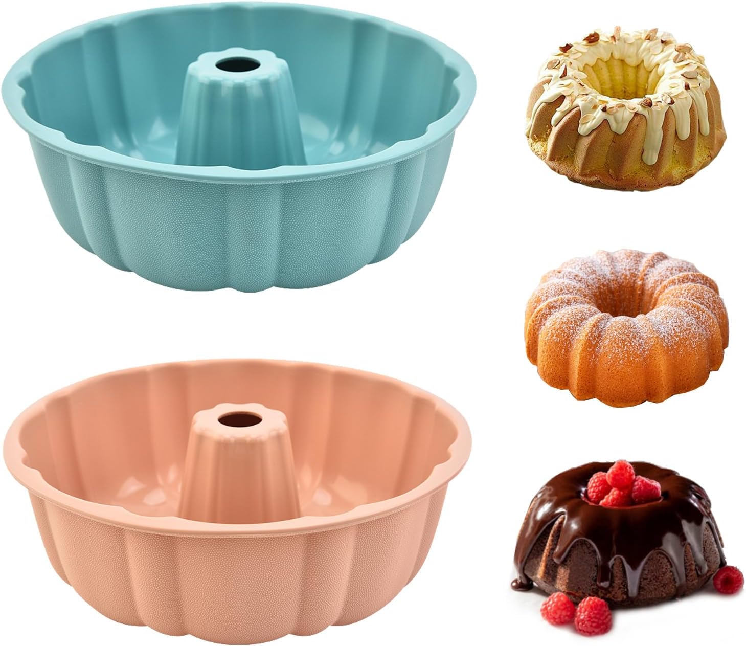 2 Pack Silicone Cake Pan Nonstick,10 Inch, Silicone Cake Molds,Pound Cake Pan, Baking Cake Pan for Jello,Gelatin,Cake,Brownie and Bread（Pink+Blue） - Image 1