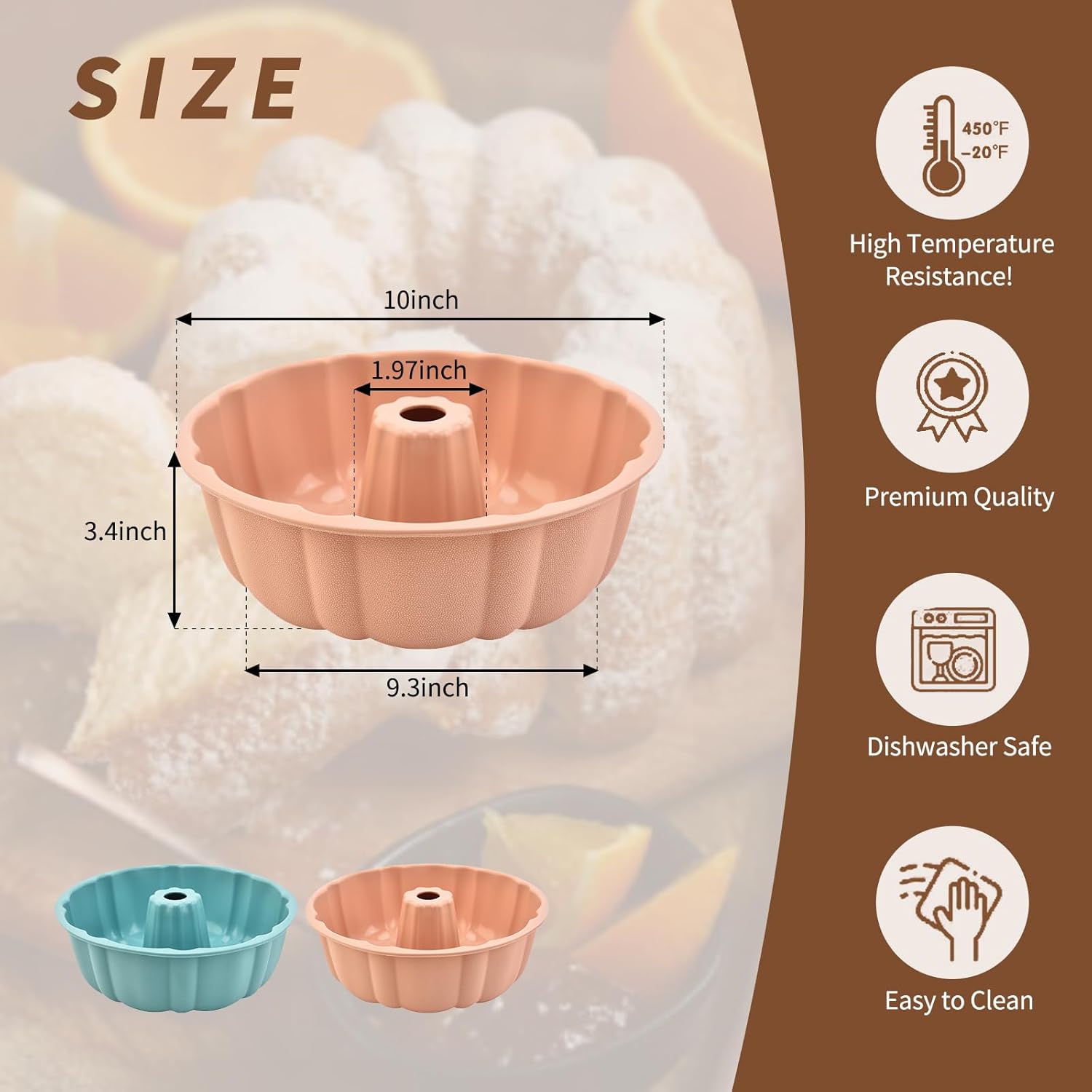 2 Pack Silicone Cake Pan Nonstick,10 Inch, Silicone Cake Molds,Pound Cake Pan, Baking Cake Pan for Jello,Gelatin,Cake,Brownie and Bread（Pink+Blue） - Image 2
