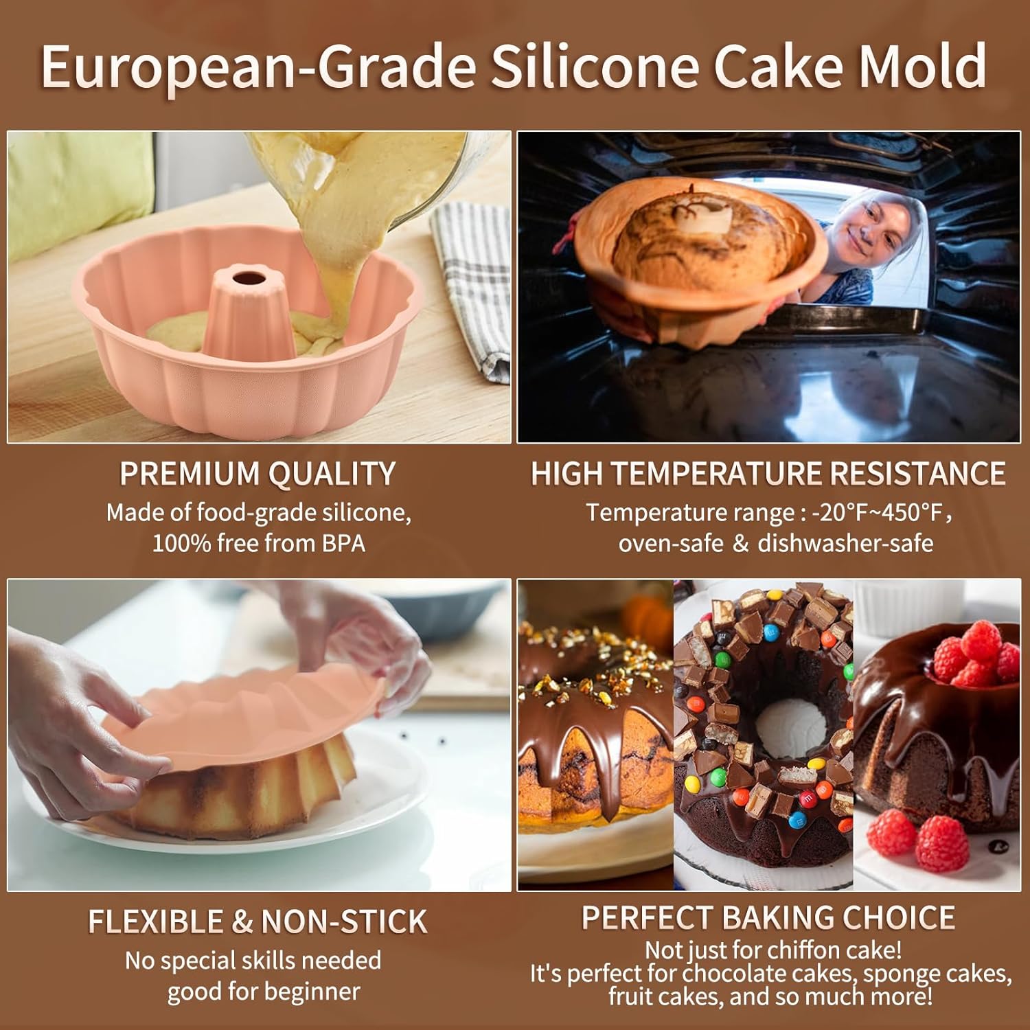 2 Pack Silicone Cake Pan Nonstick,10 Inch, Silicone Cake Molds,Pound Cake Pan, Baking Cake Pan for Jello,Gelatin,Cake,Brownie and Bread（Pink+Blue） - Image 3