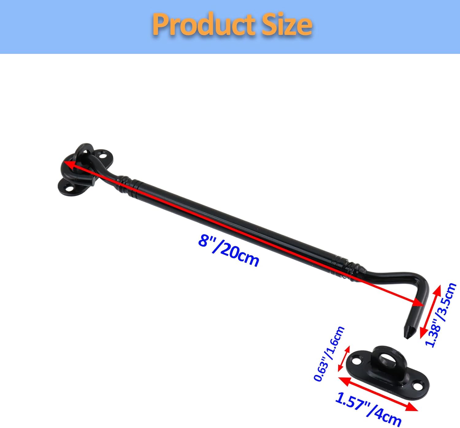 Gate Latch Hook and Eye Latch for Door Barn Door Lock Stainless Steel Door Latch for Shutters Window Shed Cabinet Black 8-inch Length - 2pcs - Image 2