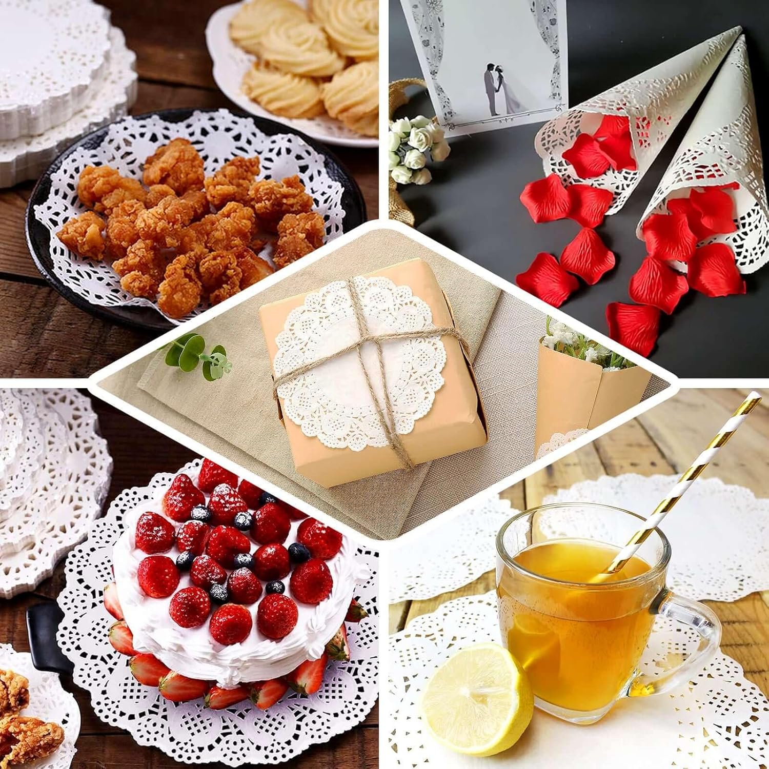 Efavormart 100 Pack Round White Paper Doilies, Food Grade Lace Paper Placemats - 14