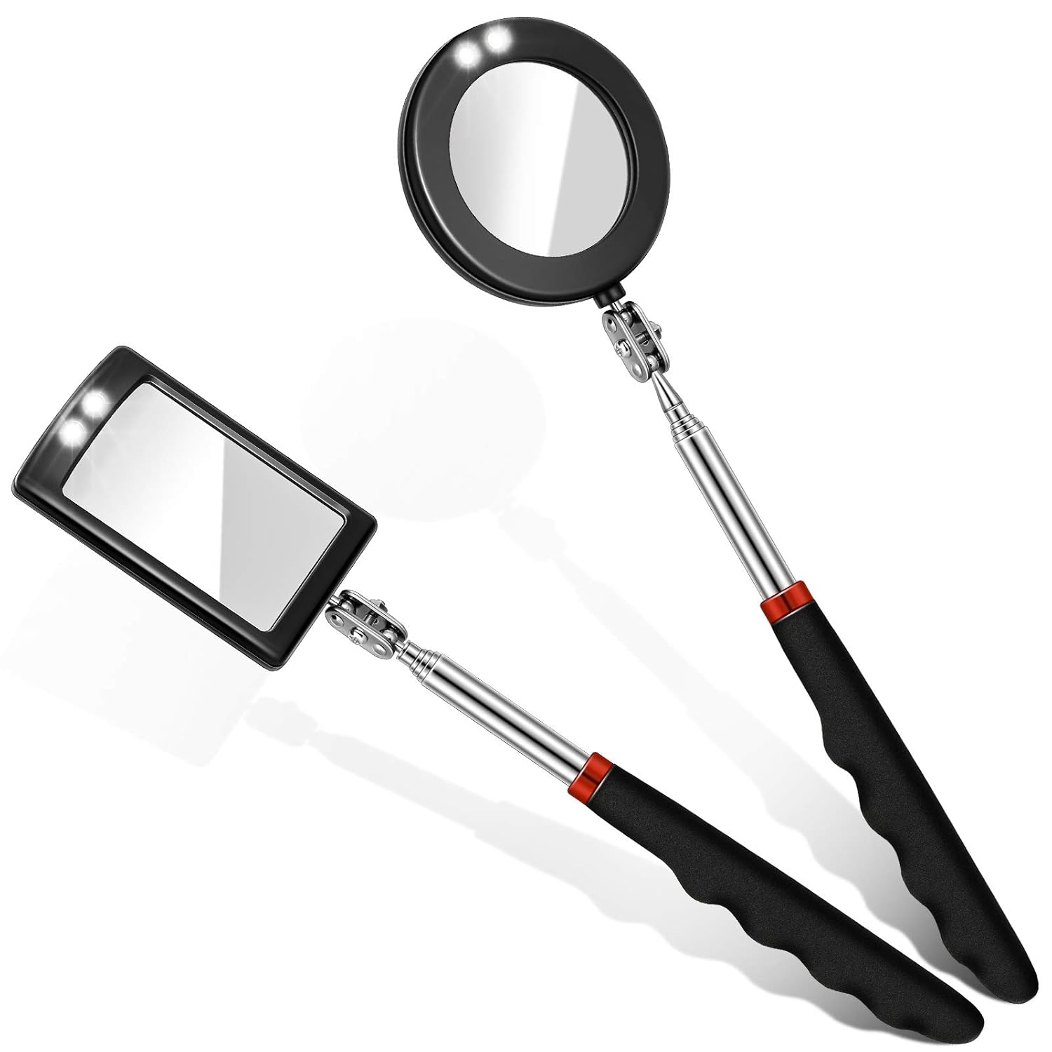 2 Pieces LED Mirror Inspection Telescoping Round Square Mirror Inspection Tool for Check The Condition of Vehicle, Observe The Eyelashes, Mouth and Other Small Parts - Image 1