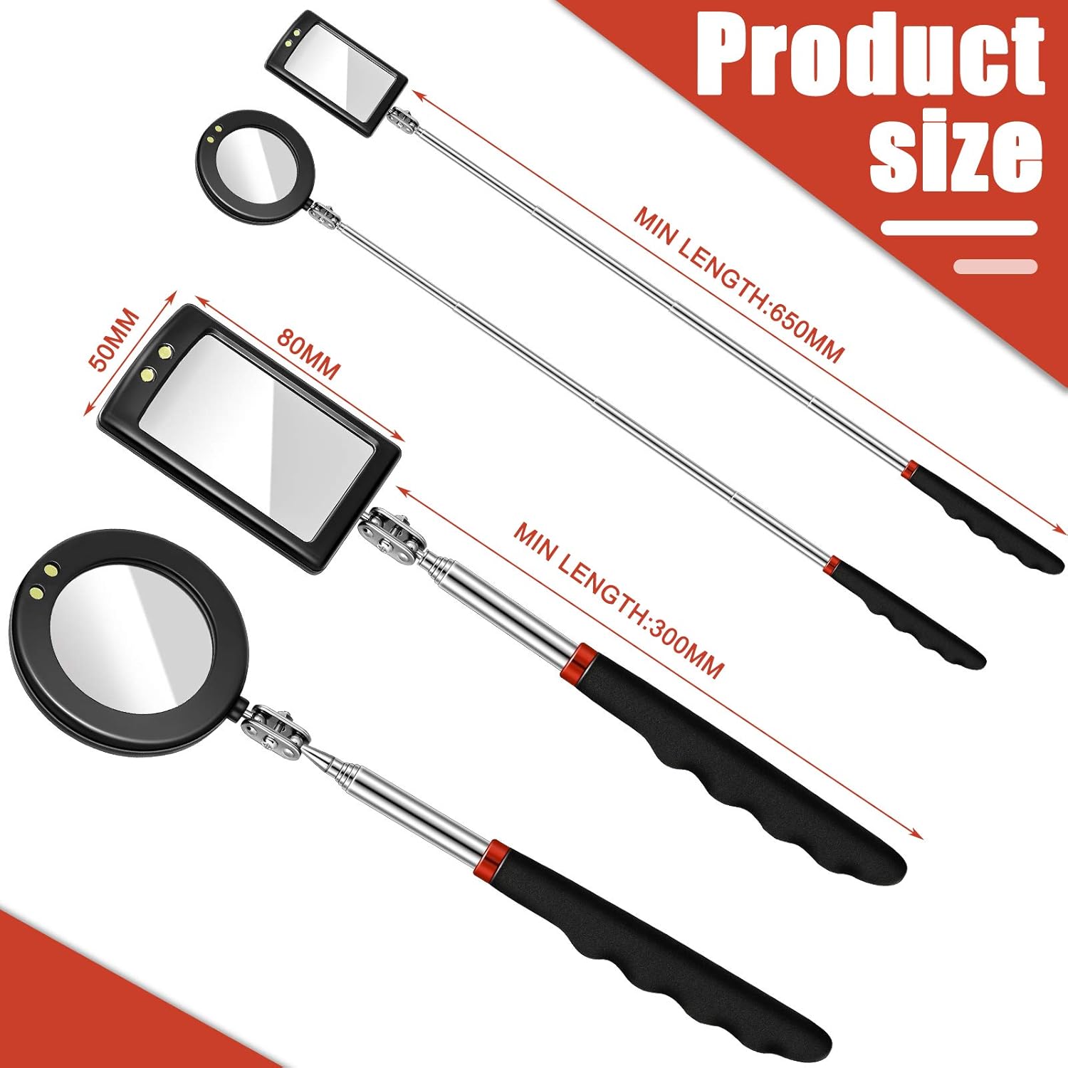 2 Pieces LED Mirror Inspection Telescoping Round Square Mirror Inspection Tool for Check The Condition of Vehicle, Observe The Eyelashes, Mouth and Other Small Parts - Image 2