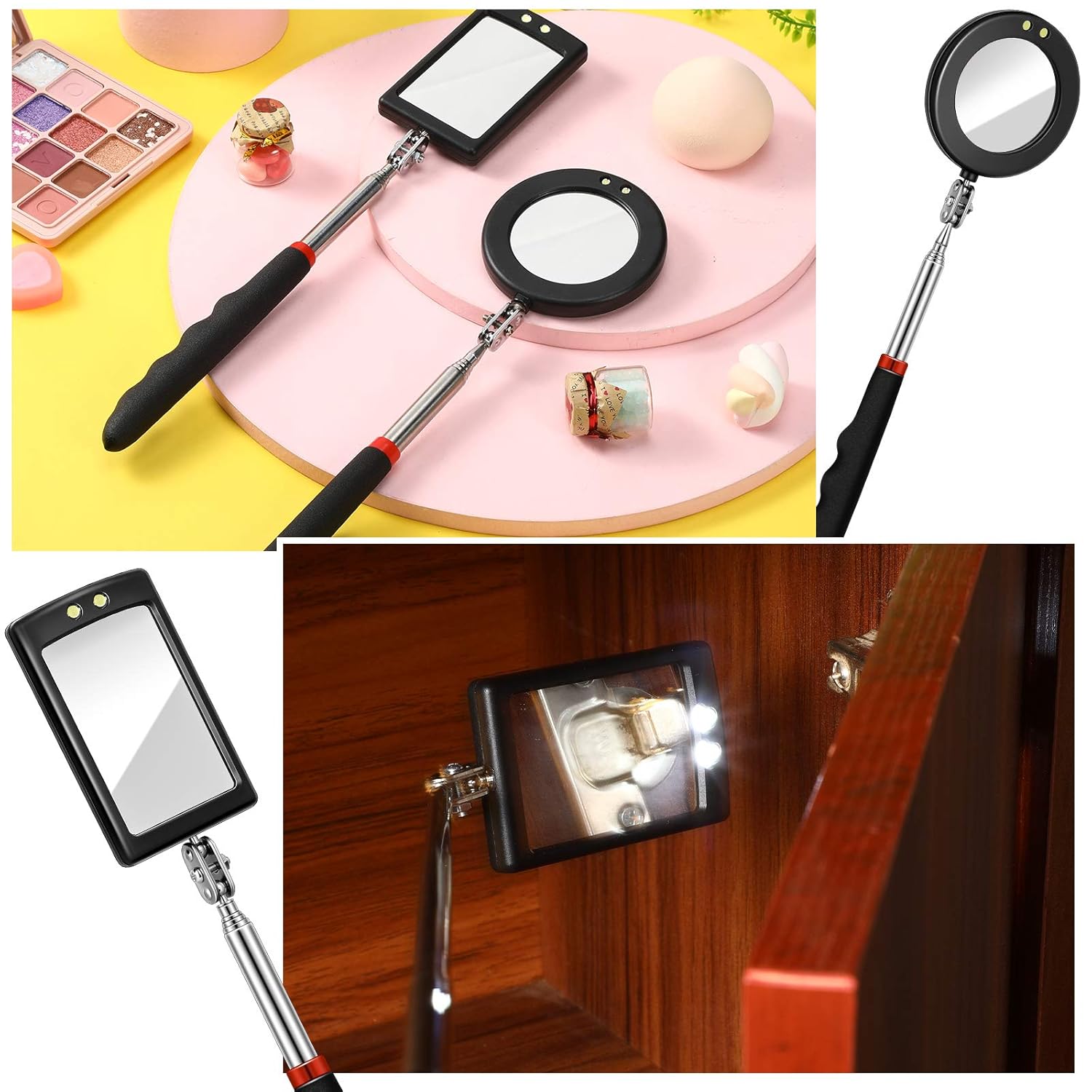 2 Pieces LED Mirror Inspection Telescoping Round Square Mirror Inspection Tool for Check The Condition of Vehicle, Observe The Eyelashes, Mouth and Other Small Parts - Image 3