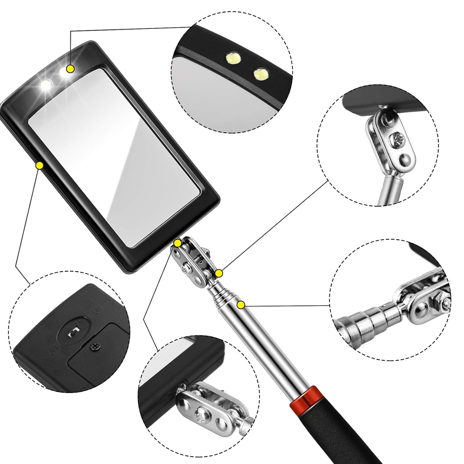 2 Pieces LED Mirror Inspection Telescoping Round Square Mirror Inspection Tool for Check The Condition of Vehicle, Observe The Eyelashes, Mouth and Other Small Parts - Image 4