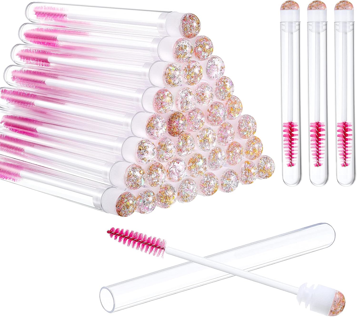80 Pieces Disposable Mascara Brushes Tubes Set, 40 Pieces Empty Mascara Wand Tube with 40 Pieces Eyelash Brush Makeup Tool for Eyelash Extension(Pink Gold Sequins Style) - Image 1