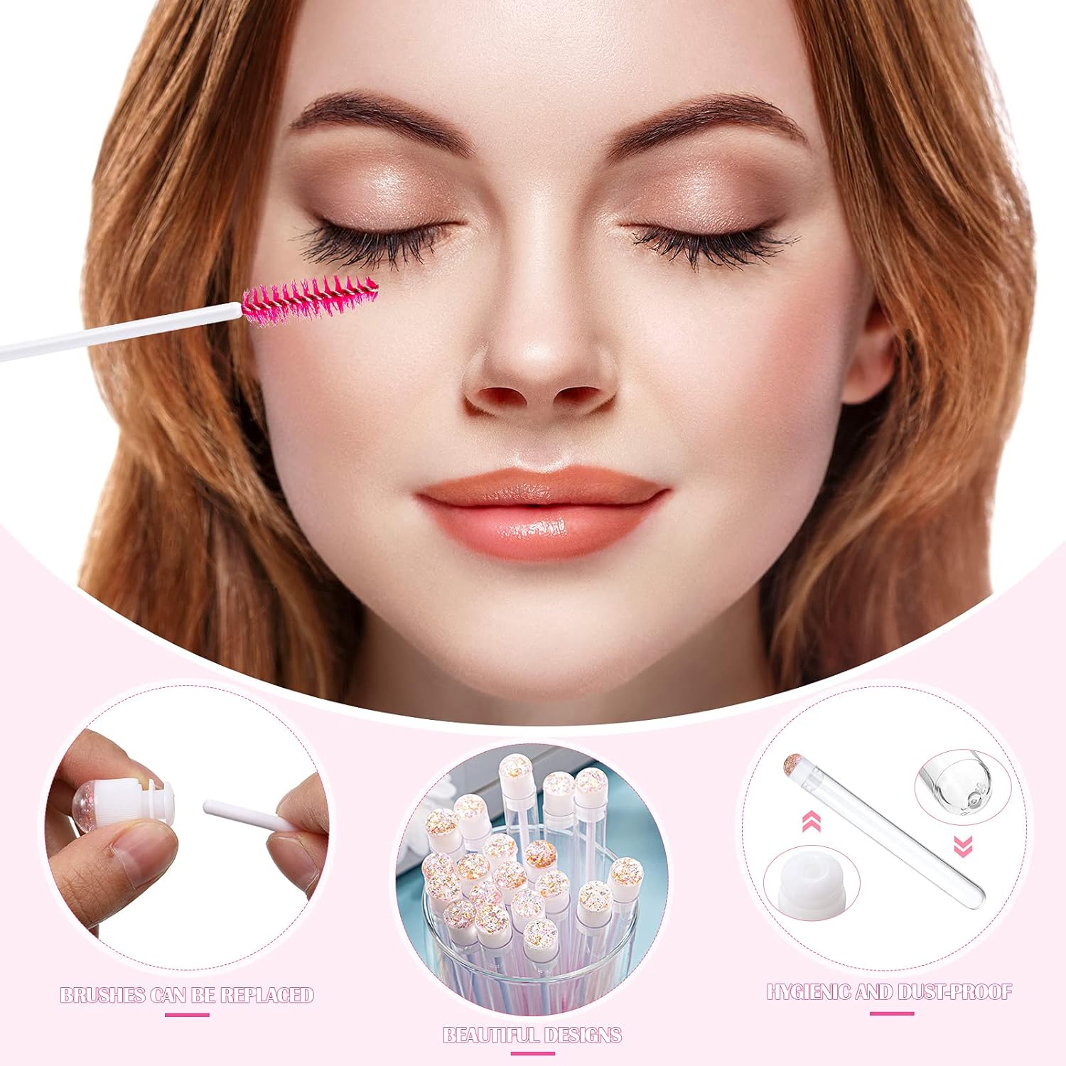 80 Pieces Disposable Mascara Brushes Tubes Set, 40 Pieces Empty Mascara Wand Tube with 40 Pieces Eyelash Brush Makeup Tool for Eyelash Extension(Pink Gold Sequins Style) - Image 3