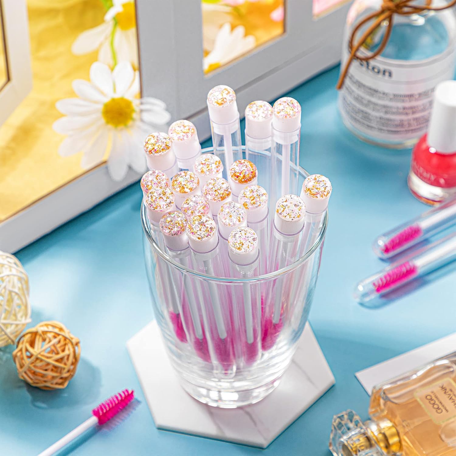 80 Pieces Disposable Mascara Brushes Tubes Set, 40 Pieces Empty Mascara Wand Tube with 40 Pieces Eyelash Brush Makeup Tool for Eyelash Extension(Pink Gold Sequins Style) - Image 4