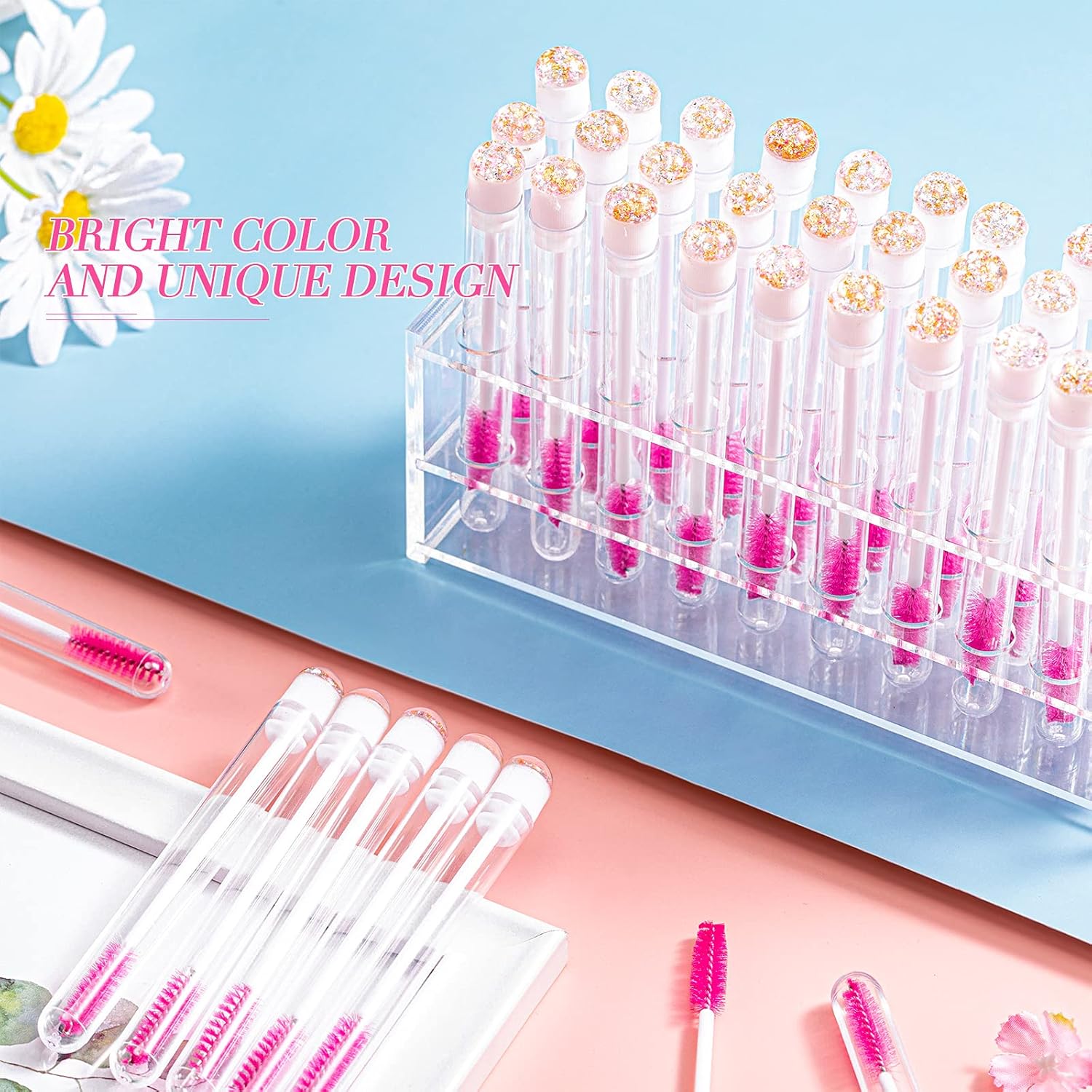 80 Pieces Disposable Mascara Brushes Tubes Set, 40 Pieces Empty Mascara Wand Tube with 40 Pieces Eyelash Brush Makeup Tool for Eyelash Extension(Pink Gold Sequins Style) - Image 6