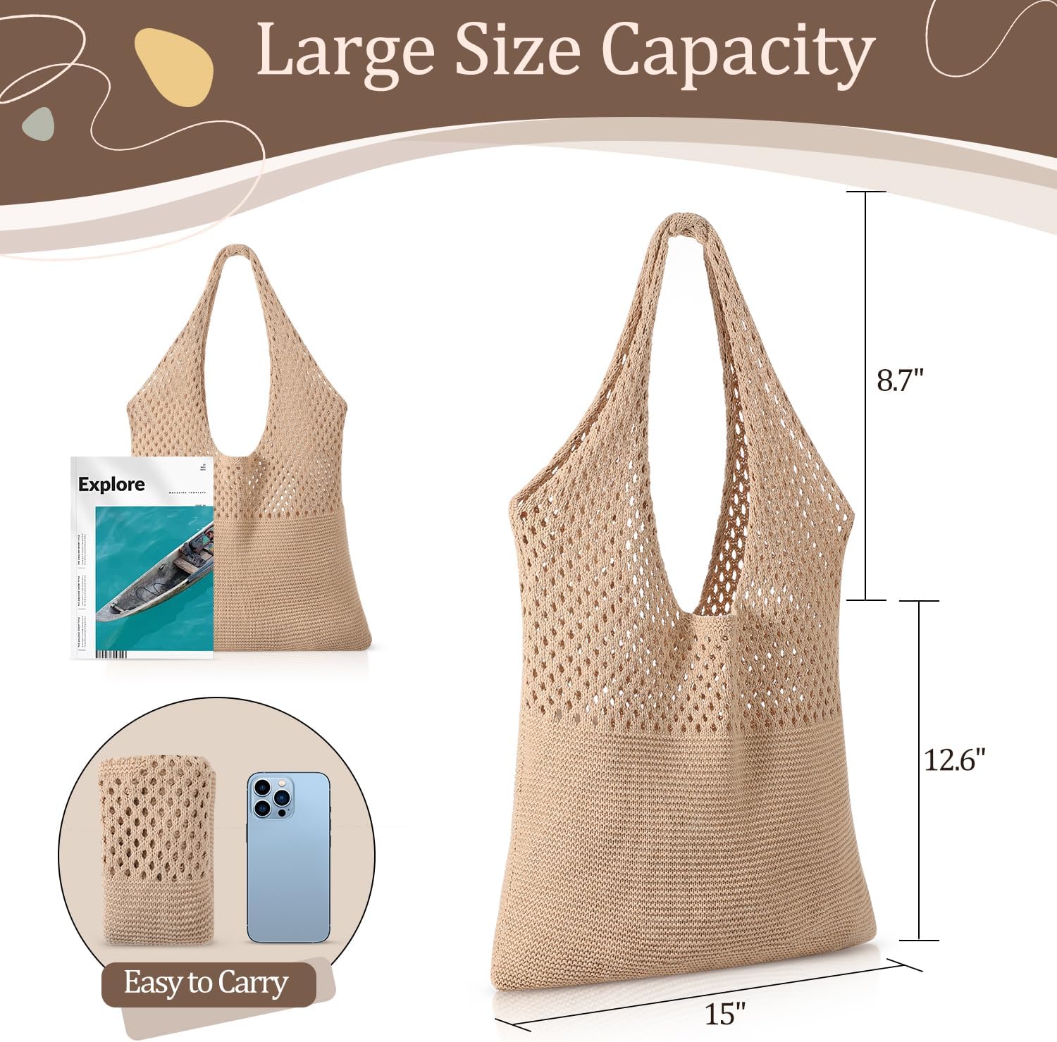 Crochet Beach Tote Bags, Stylish Mesh Beach Bags Shoulder Bag for Women, Cute Summer Vacation Boho Tote Bag - Image 4