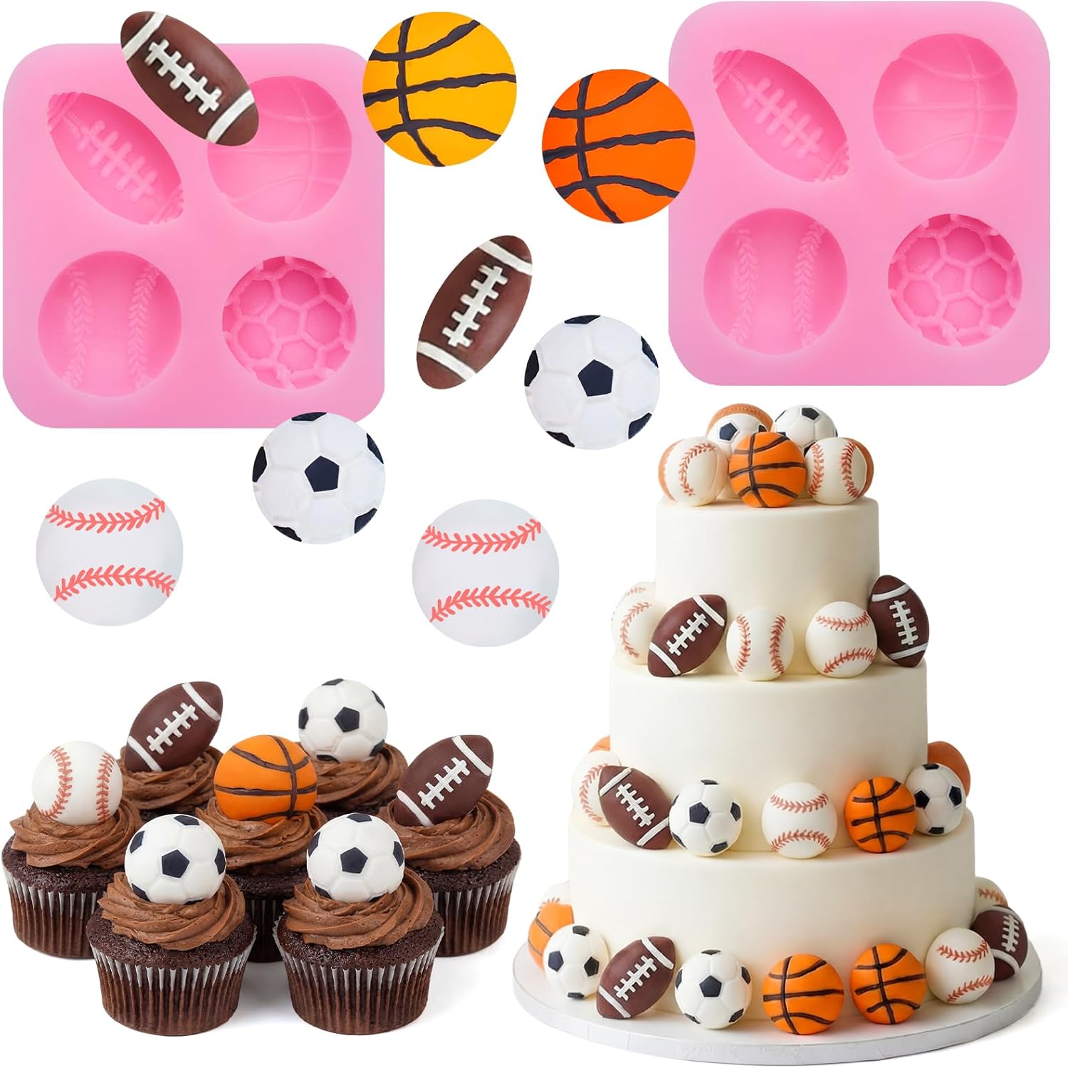 2 Pack Sports Fondant Mold for Cake Decoration, Football Basketball Baseball Soccer Silicone Molds for Valentine's Day DIY Chocolate Candy Mold Cake Decoration Cupcake Topper Polymer Clay - Image 1