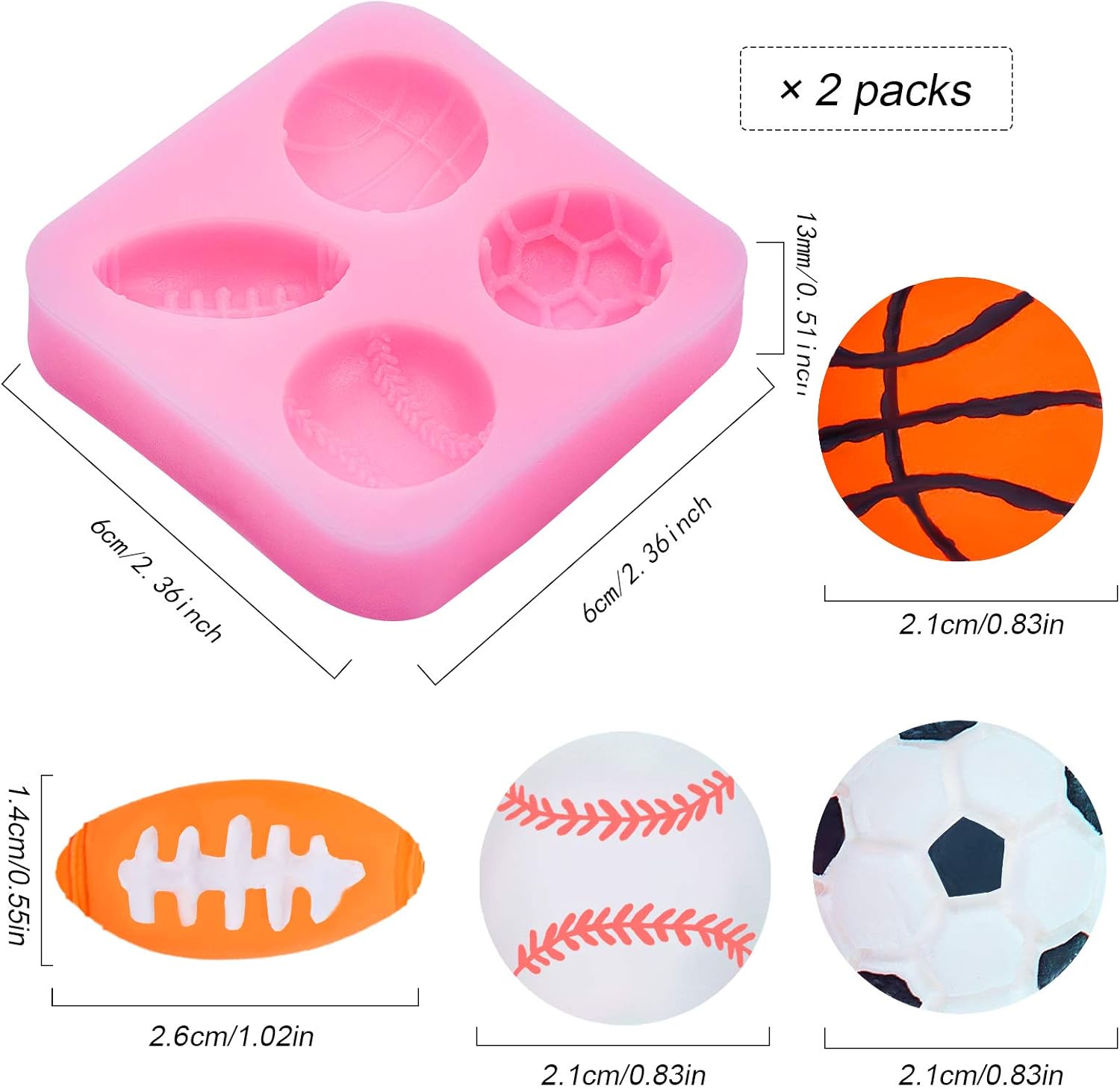 2 Pack Sports Fondant Mold for Cake Decoration, Football Basketball Baseball Soccer Silicone Molds for Valentine's Day DIY Chocolate Candy Mold Cake Decoration Cupcake Topper Polymer Clay - Image 3