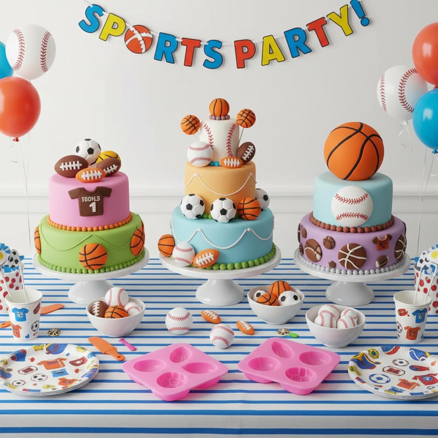 2 Pack Sports Fondant Mold for Cake Decoration, Football Basketball Baseball Soccer Silicone Molds for Valentine's Day DIY Chocolate Candy Mold Cake Decoration Cupcake Topper Polymer Clay - Image 6