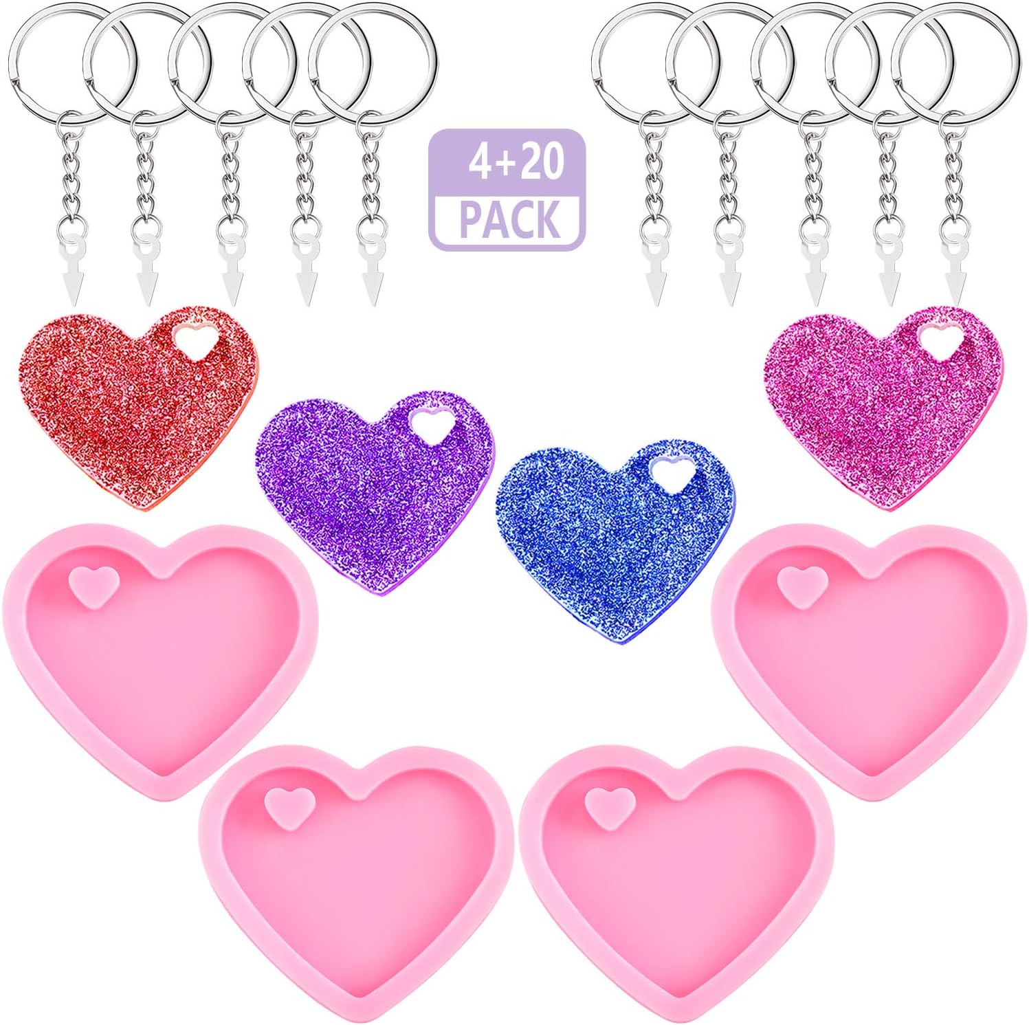4 Pieces Heart Resin Keychain Molds for Epoxy Resin Easter Mother's Day Silicone Fondant Molds Love Keychain Gift with 20 Pieces Key Rings for DIY Decoration, Homemade Dessert - Image 1