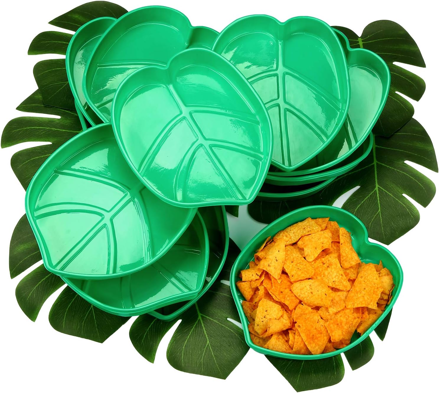 12 Set Palm Leaf Snack Tray Hawaii Reusable Food Tray with Tropical Imitation Green Plant Leaves, Cookies Chips, Candy Dip, for Jungle Island Luau Party Decorations Birthdays, 8.3 x 7 Inch - Image 1