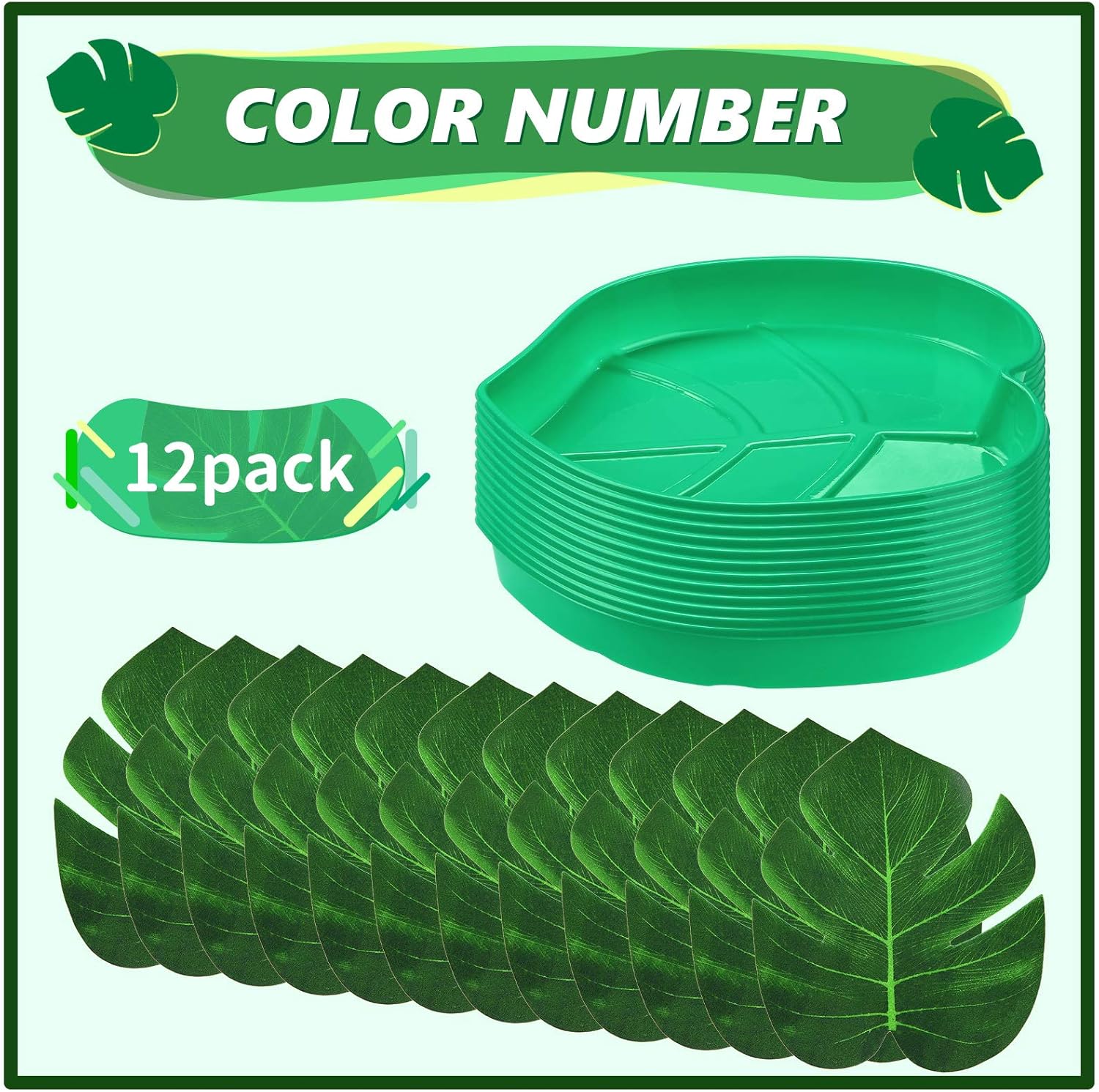 12 Set Palm Leaf Snack Tray Hawaii Reusable Food Tray with Tropical Imitation Green Plant Leaves, Cookies Chips, Candy Dip, for Jungle Island Luau Party Decorations Birthdays, 8.3 x 7 Inch - Image 2