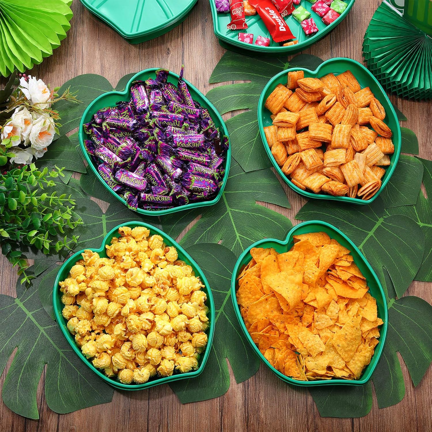 12 Set Palm Leaf Snack Tray Hawaii Reusable Food Tray with Tropical Imitation Green Plant Leaves, Cookies Chips, Candy Dip, for Jungle Island Luau Party Decorations Birthdays, 8.3 x 7 Inch - Image 5