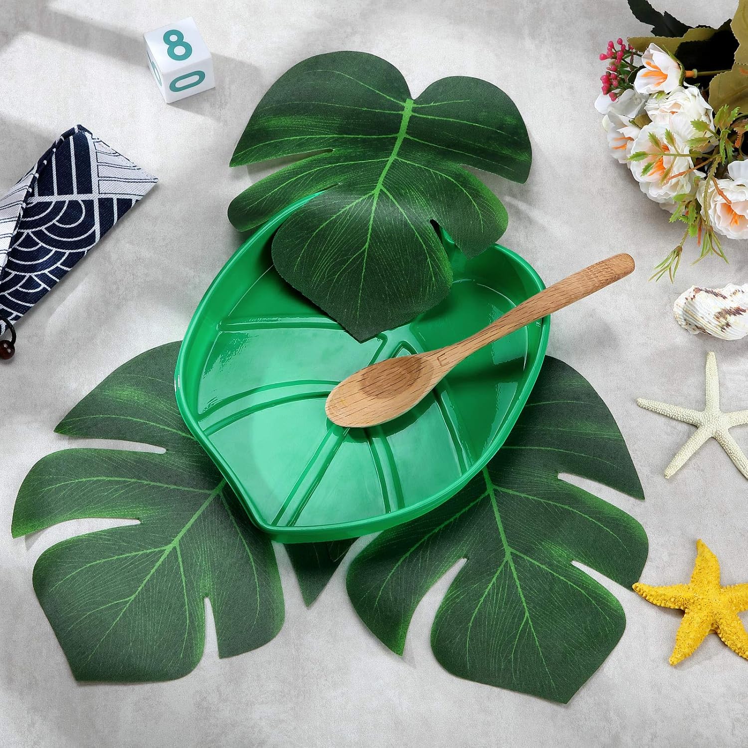 12 Set Palm Leaf Snack Tray Hawaii Reusable Food Tray with Tropical Imitation Green Plant Leaves, Cookies Chips, Candy Dip, for Jungle Island Luau Party Decorations Birthdays, 8.3 x 7 Inch - Image 6