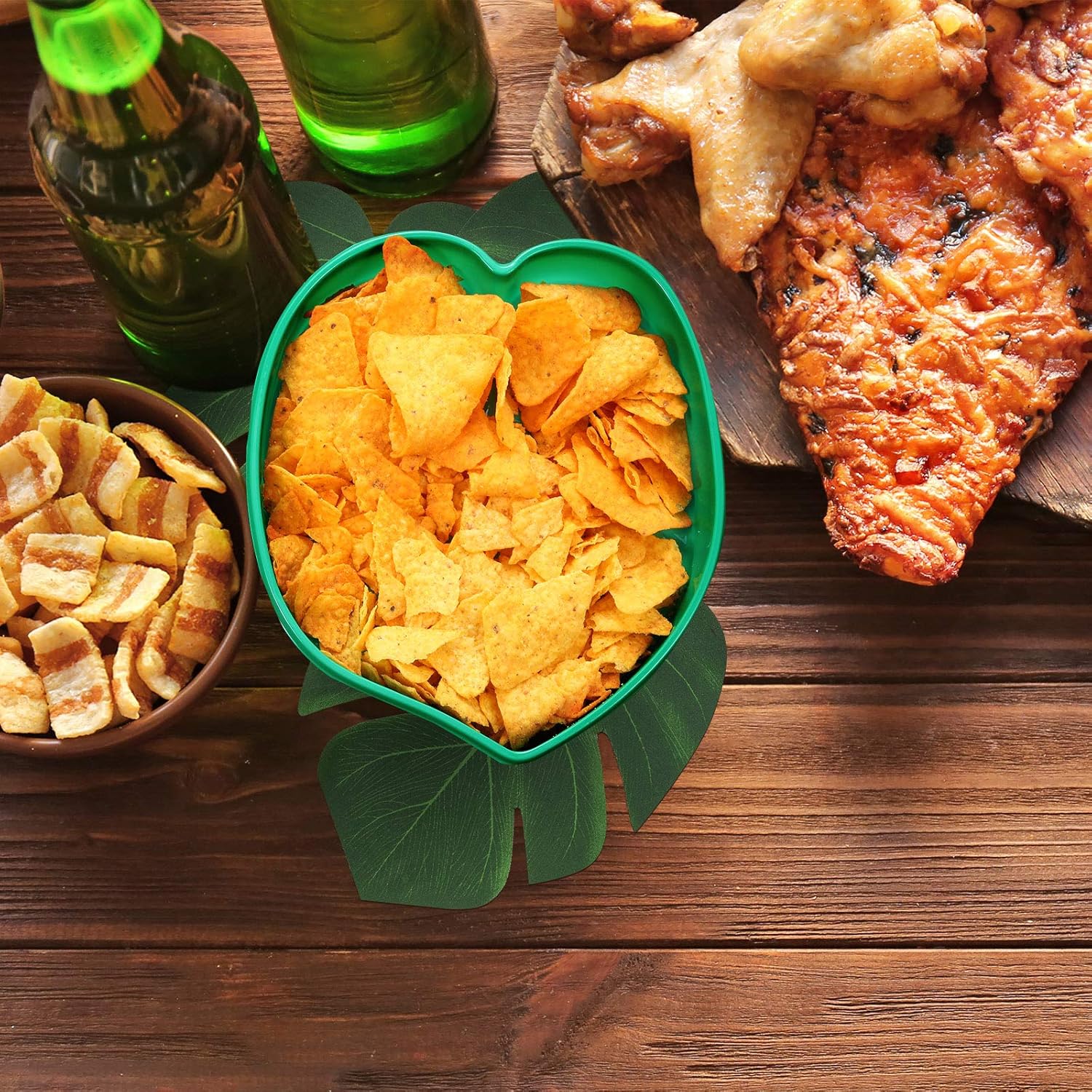 12 Set Palm Leaf Snack Tray Hawaii Reusable Food Tray with Tropical Imitation Green Plant Leaves, Cookies Chips, Candy Dip, for Jungle Island Luau Party Decorations Birthdays, 8.3 x 7 Inch - Image 7