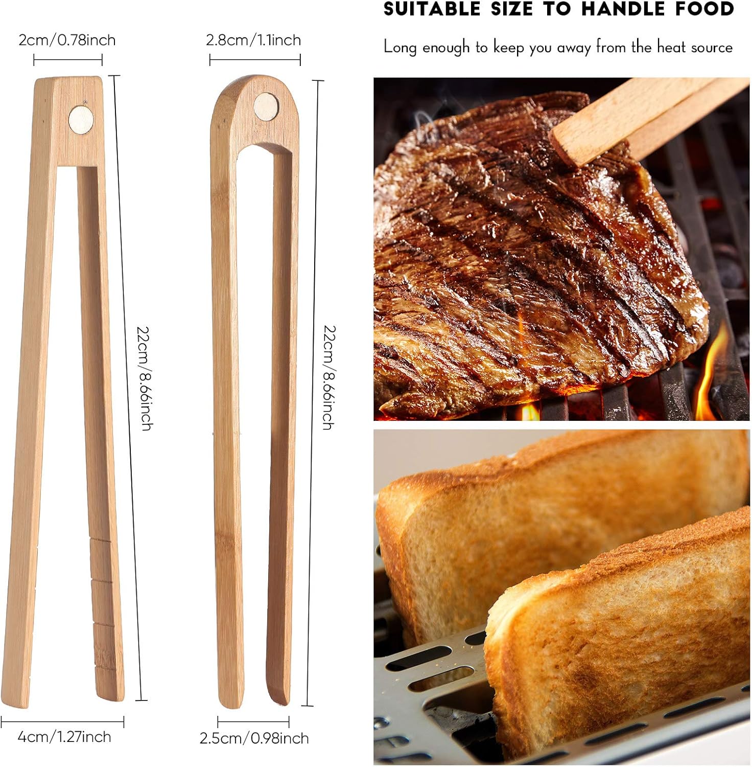 2 Pieces 8.7 Inch Wooden Toaster Tongs with Magnet Magnetic Bamboo Wood Toast Natural Bamboo Kitchen Utensil Accessories for Cooking Bagel Cake Muffin Bread - Image 2