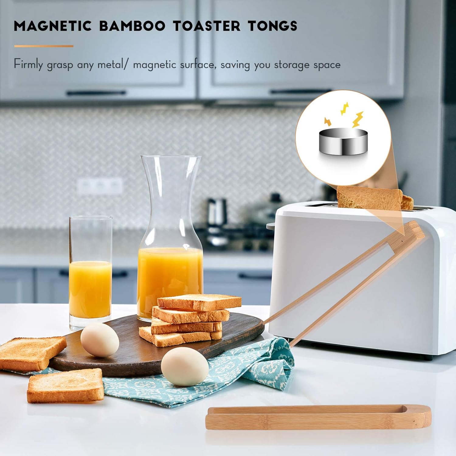2 Pieces 8.7 Inch Wooden Toaster Tongs with Magnet Magnetic Bamboo Wood Toast Natural Bamboo Kitchen Utensil Accessories for Cooking Bagel Cake Muffin Bread - Image 5