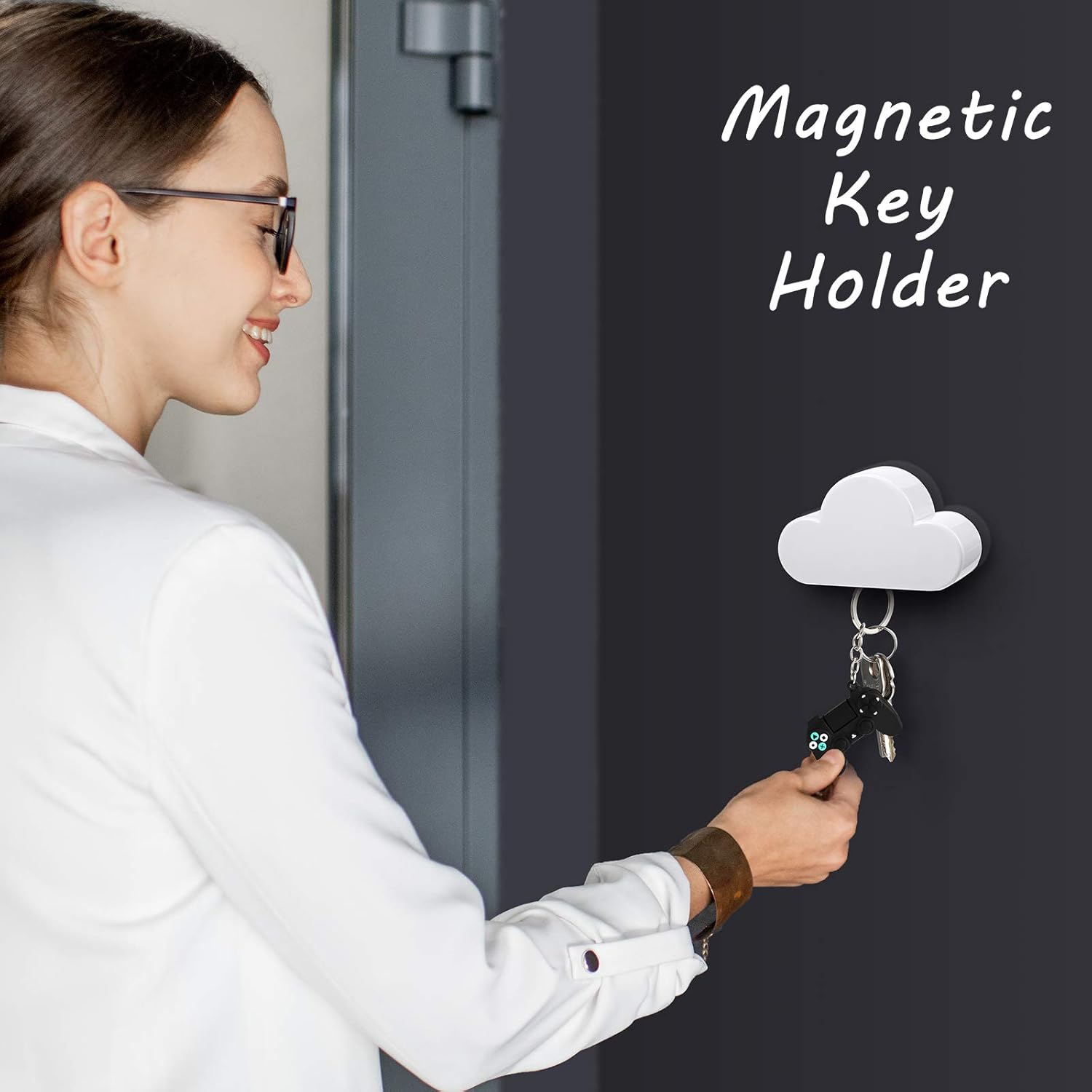 4 Pieces Cloud Magnetic Key Holder for Wall Key Rack Organizer Keychains Hooks with Adhesive for Door(White) - Image 2