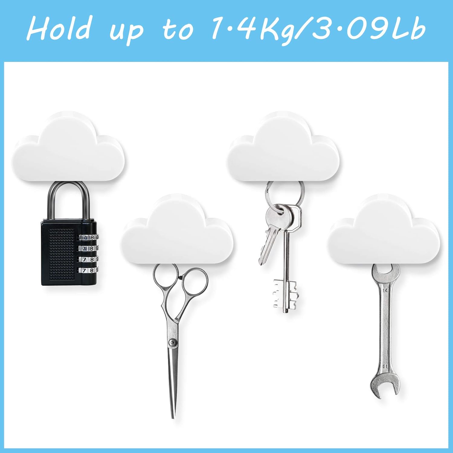 4 Pieces Cloud Magnetic Key Holder for Wall Key Rack Organizer Keychains Hooks with Adhesive for Door(White) - Image 3