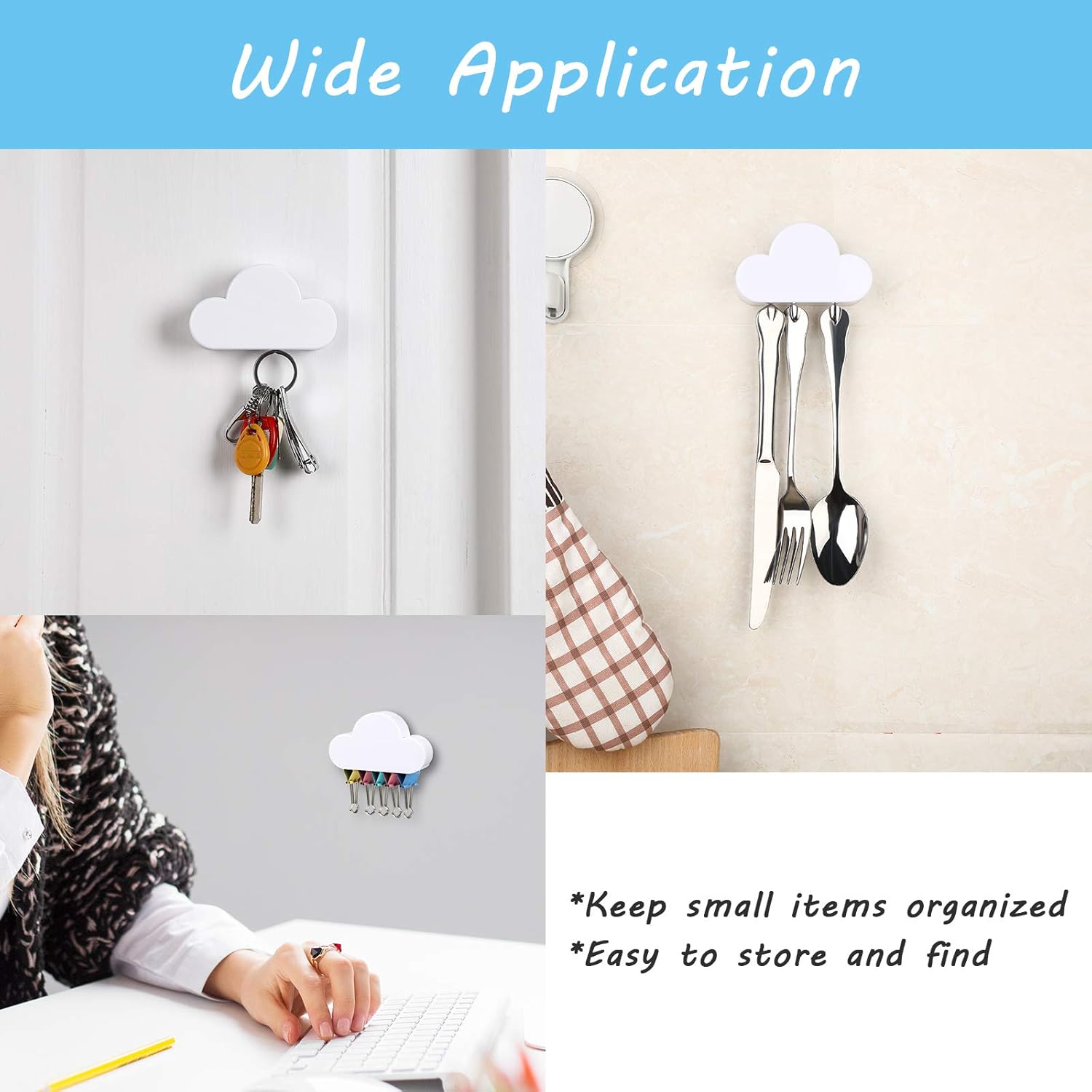 4 Pieces Cloud Magnetic Key Holder for Wall Key Rack Organizer Keychains Hooks with Adhesive for Door(White) - Image 4