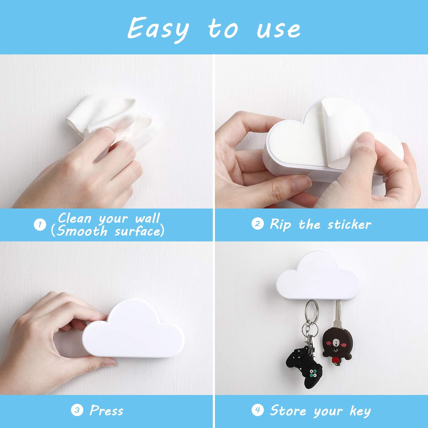 4 Pieces Cloud Magnetic Key Holder for Wall Key Rack Organizer Keychains Hooks with Adhesive for Door(White) - Image 5