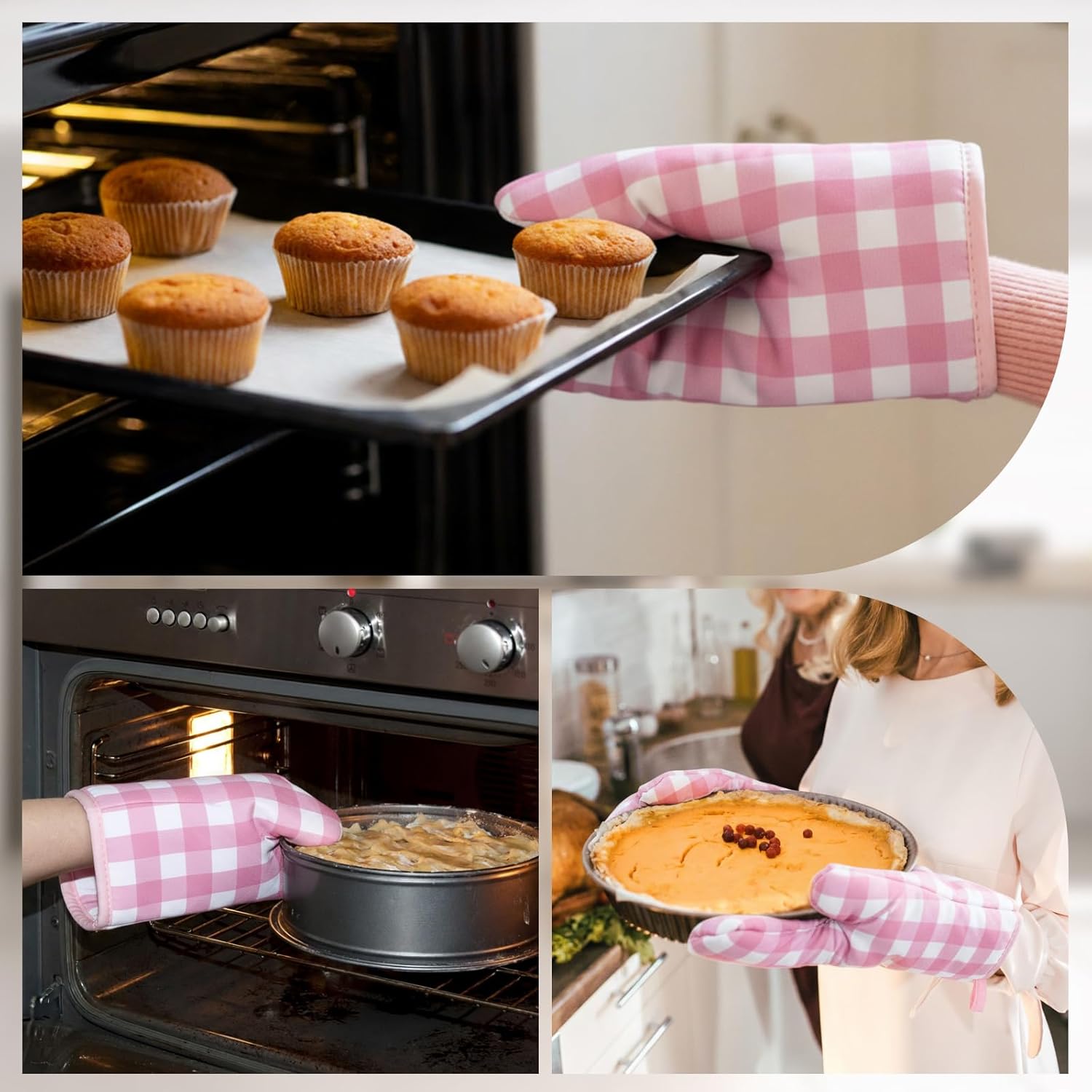 6 Pairs Pink Checkered Oven Mitts Heat Resistant, Vintage Retro Checkerboard Cute Oven Mitts, Extra Thicken Kitchen Gloves, 6''x11'' - Image 3