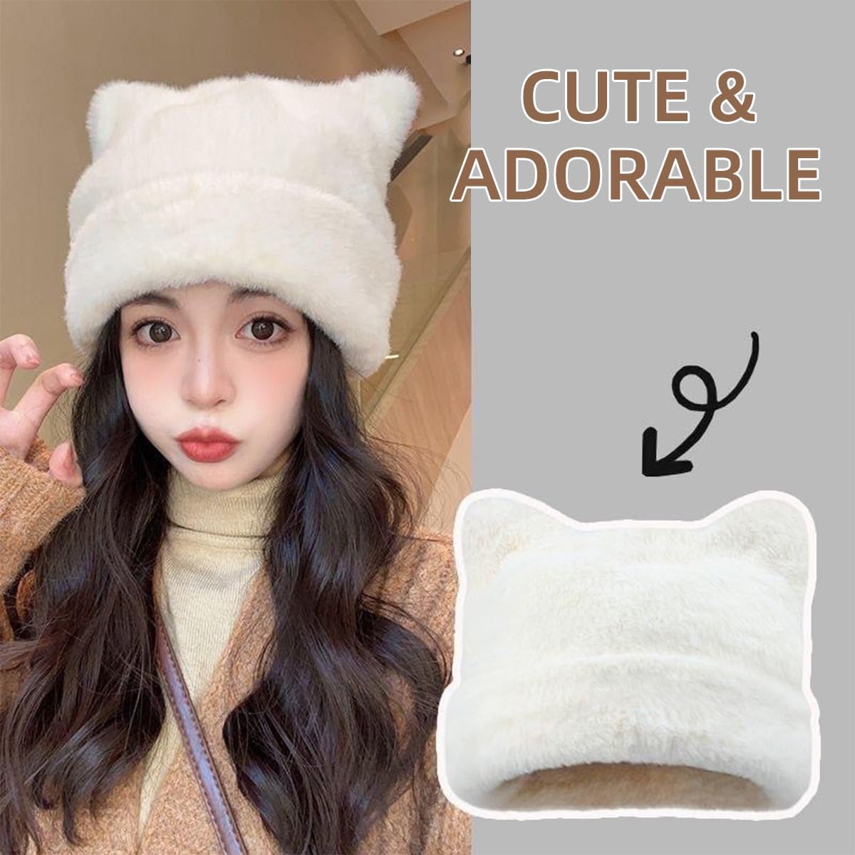 Womens Winter Beanie Hat Cute Cat/Bear Ear Hat for Women, Large Size Warm Plush Hat, Ears with Support - DIY Shapes - Image 5