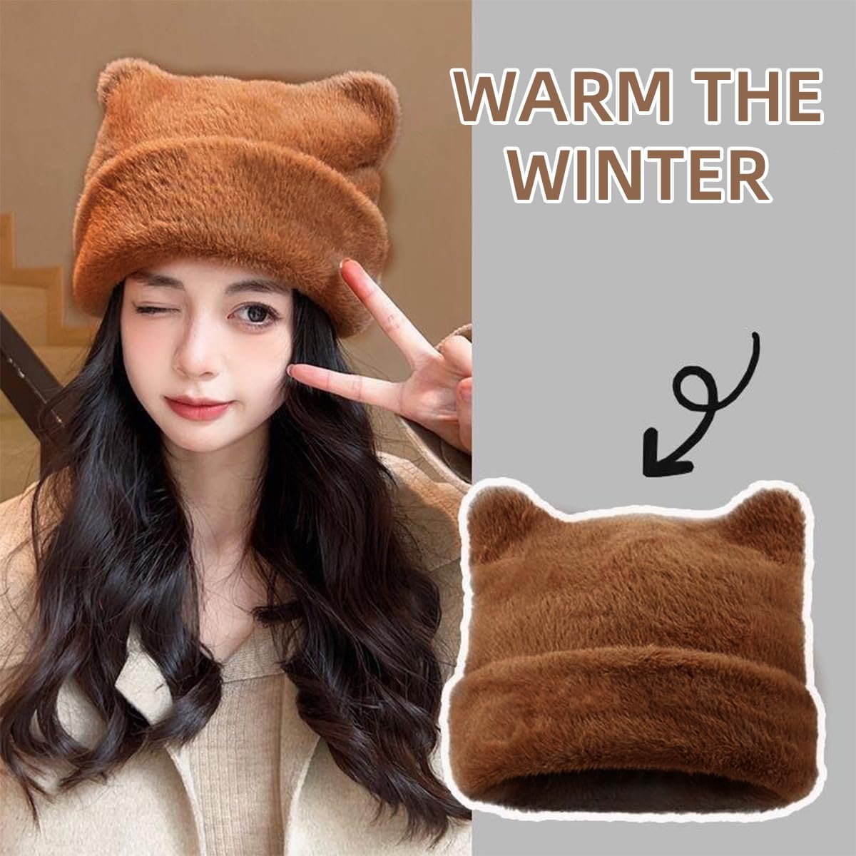 Womens Winter Beanie Hat Cute Cat/Bear Ear Hat for Women, Large Size Warm Plush Hat, Ears with Support - DIY Shapes - Image 7