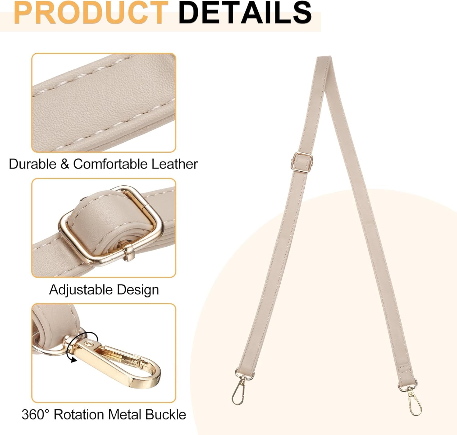 Leather Purse Strap Replacement Crossbody, 27.6-51.2 Inch Adjustable Bag Strap Purse Straps for Women Crossbody Bags Shoulder Bag Handbag, Light Beige - Image 3