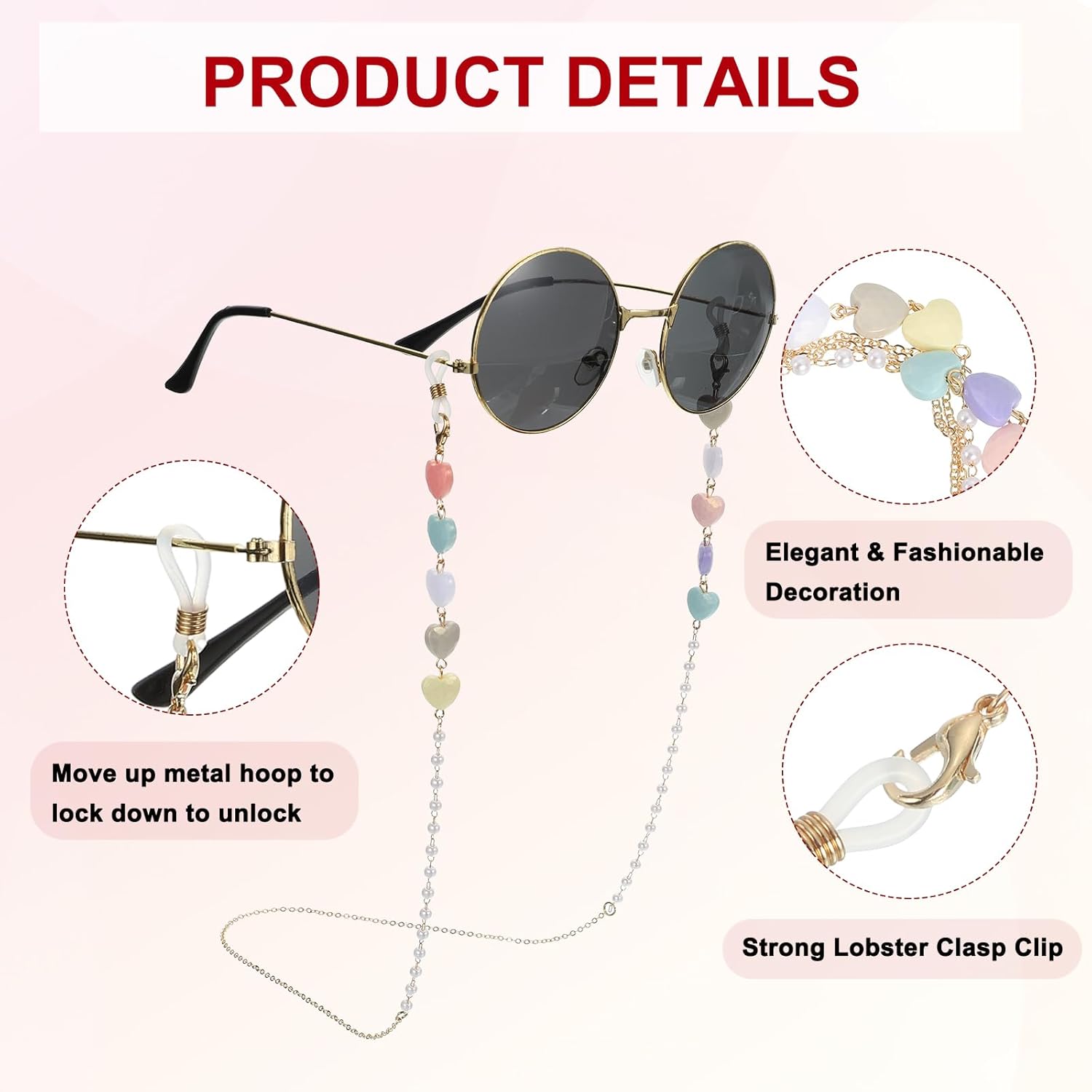 Beads Eyeglass Chain, Pearl Glasses Strap Eyewear Retainer Chain Around Neck Sunglass Holder for Girls Women - Image 3