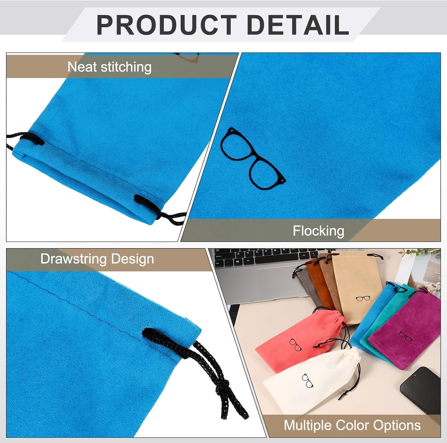 Flocking Eyeglass Cases, Sunglass Case Portable Glasses Pouch with Drawstring Sunglasses Bag with Glasses Cloth - Image 3