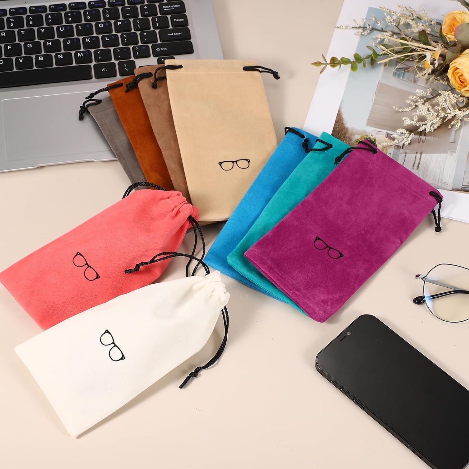 Flocking Eyeglass Cases, Sunglass Case Portable Glasses Pouch with Drawstring Sunglasses Bag with Glasses Cloth - Image 4