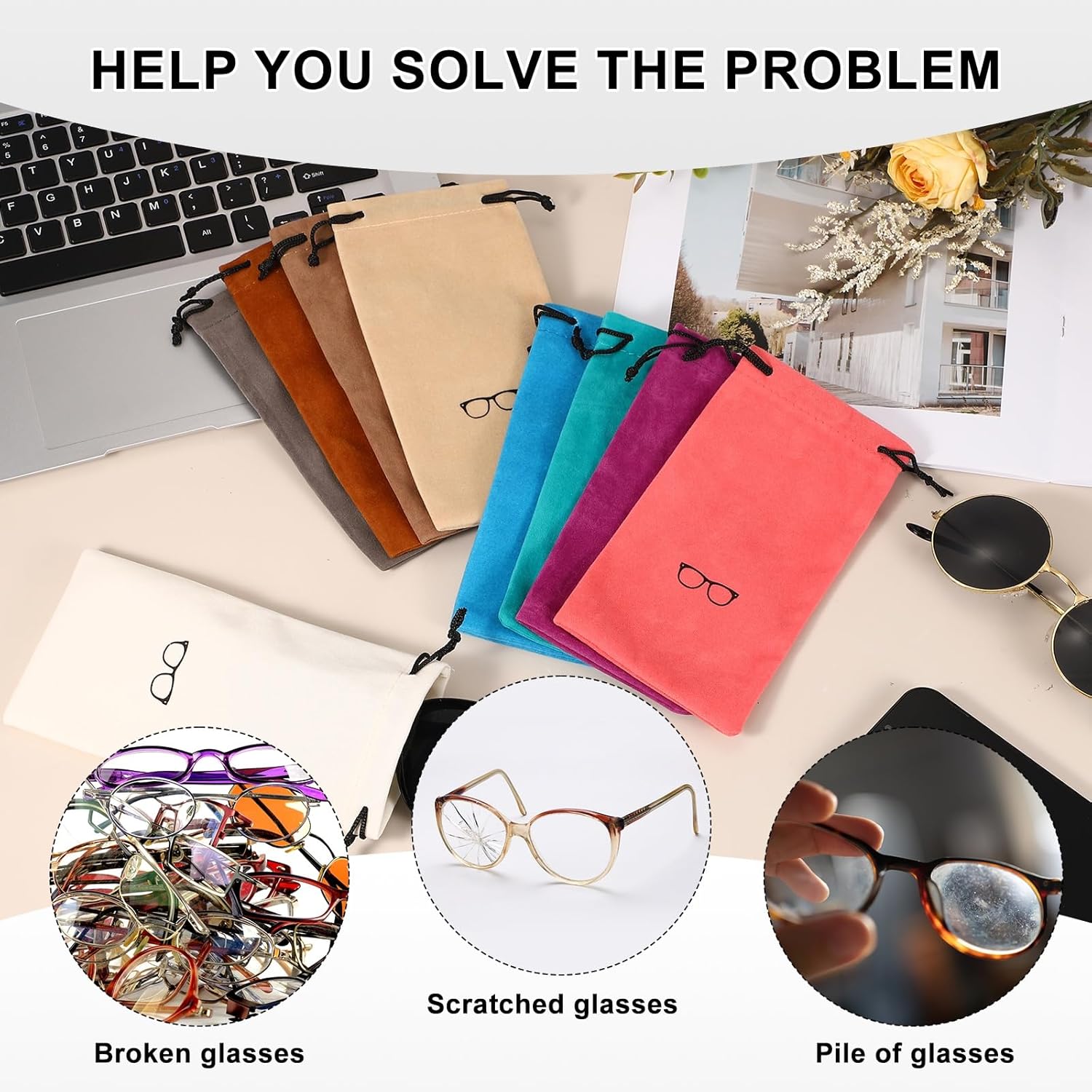 Flocking Eyeglass Cases, Sunglass Case Portable Glasses Pouch with Drawstring Sunglasses Bag with Glasses Cloth - Image 7