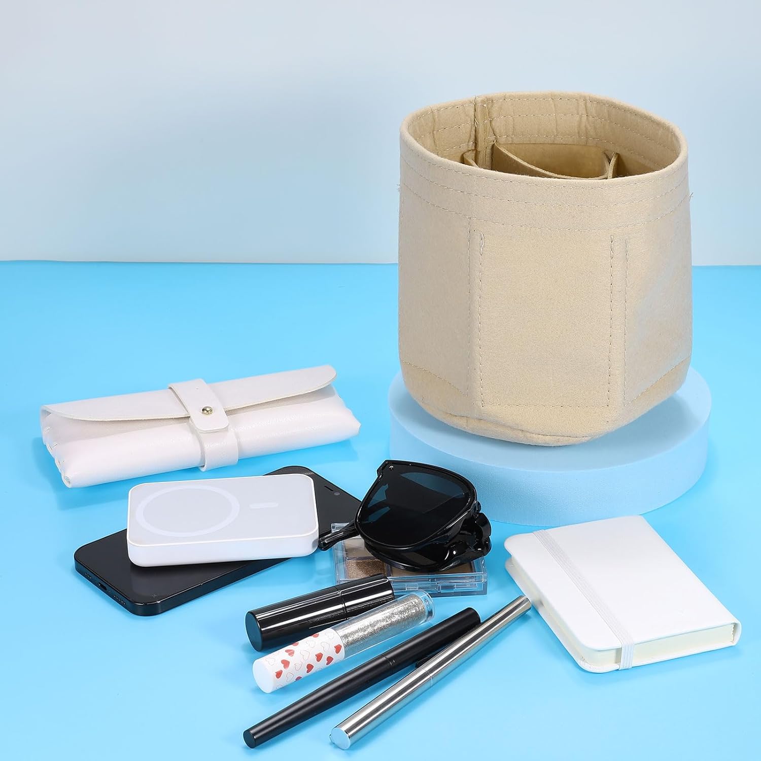 Purse Organizer Insert, Portable Felt Organizer Bags Round Multiple Compartments Purse Liner for Bucket Bag, Domed Satchel, Tote Bag, Handbag Shaper (8