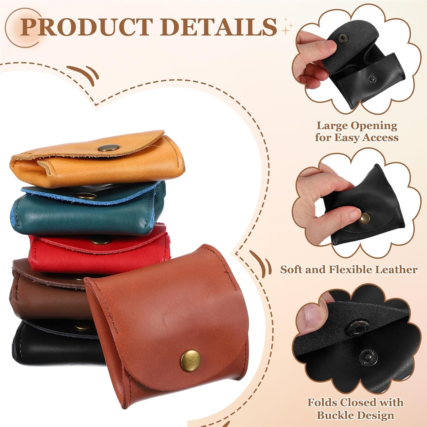 Rustic Leather Coin Purse, Small Leather Pouch Unisex Small Pocket Pouch with Snap Closure Change Holder for Coins Jewelry Earphones Storage, Black - Image 3