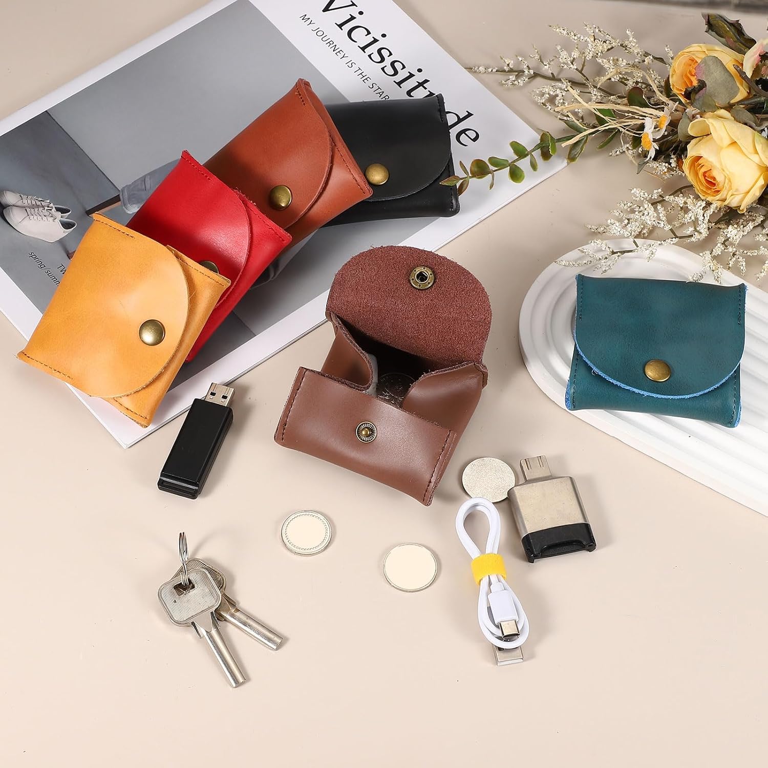 Rustic Leather Coin Purse, Small Leather Pouch Unisex Small Pocket Pouch with Snap Closure Change Holder for Coins Jewelry Earphones Storage, Black - Image 5