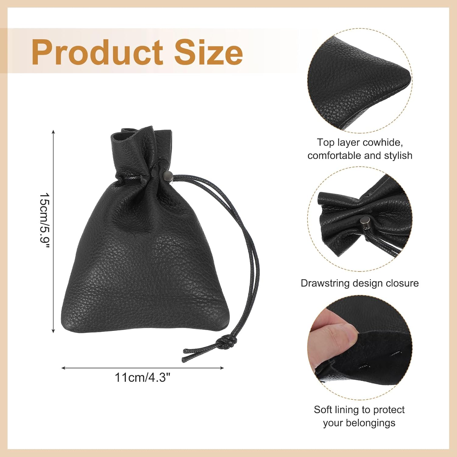 1 Pcs Drawstring Bag, Leather Coin Purse, Change Purse for Women, Men's Leather Bag, for Jewelry, Keys, Coin Storage(Black) - Image 2