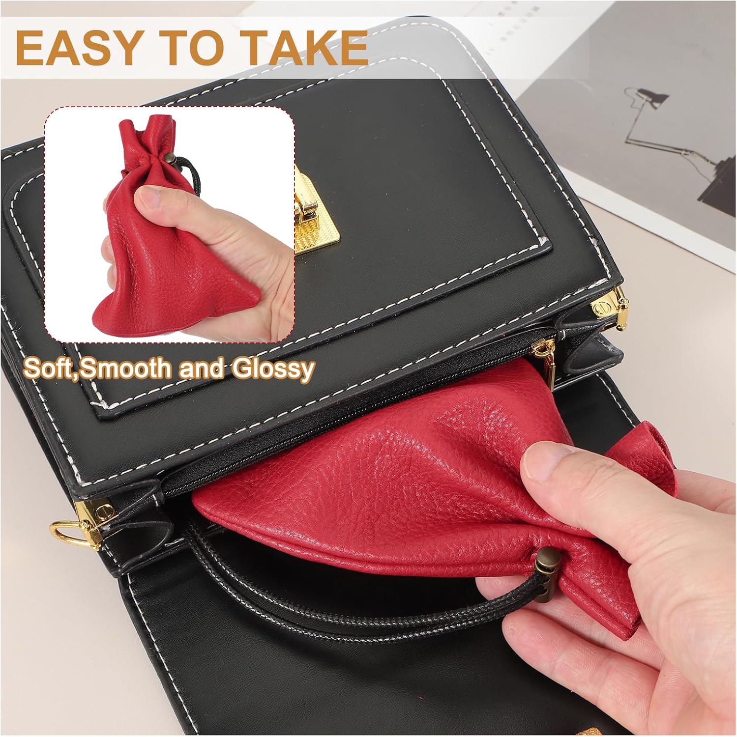 1 Pcs Drawstring Bag, Leather Coin Purse, Change Purse for Women, Men's Leather Bag, for Jewelry, Keys, Coin Storage(Black) - Image 3