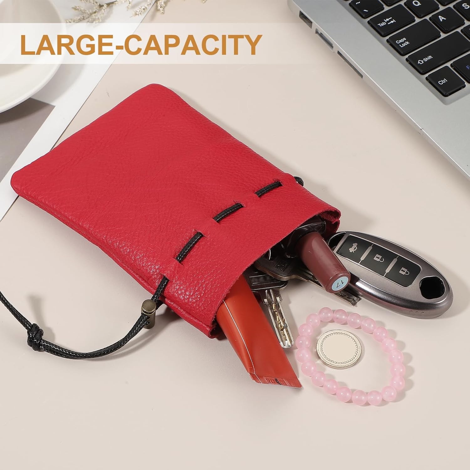 1 Pcs Drawstring Bag, Leather Coin Purse, Change Purse for Women, Men's Leather Bag, for Jewelry, Keys, Coin Storage(Black) - Image 4